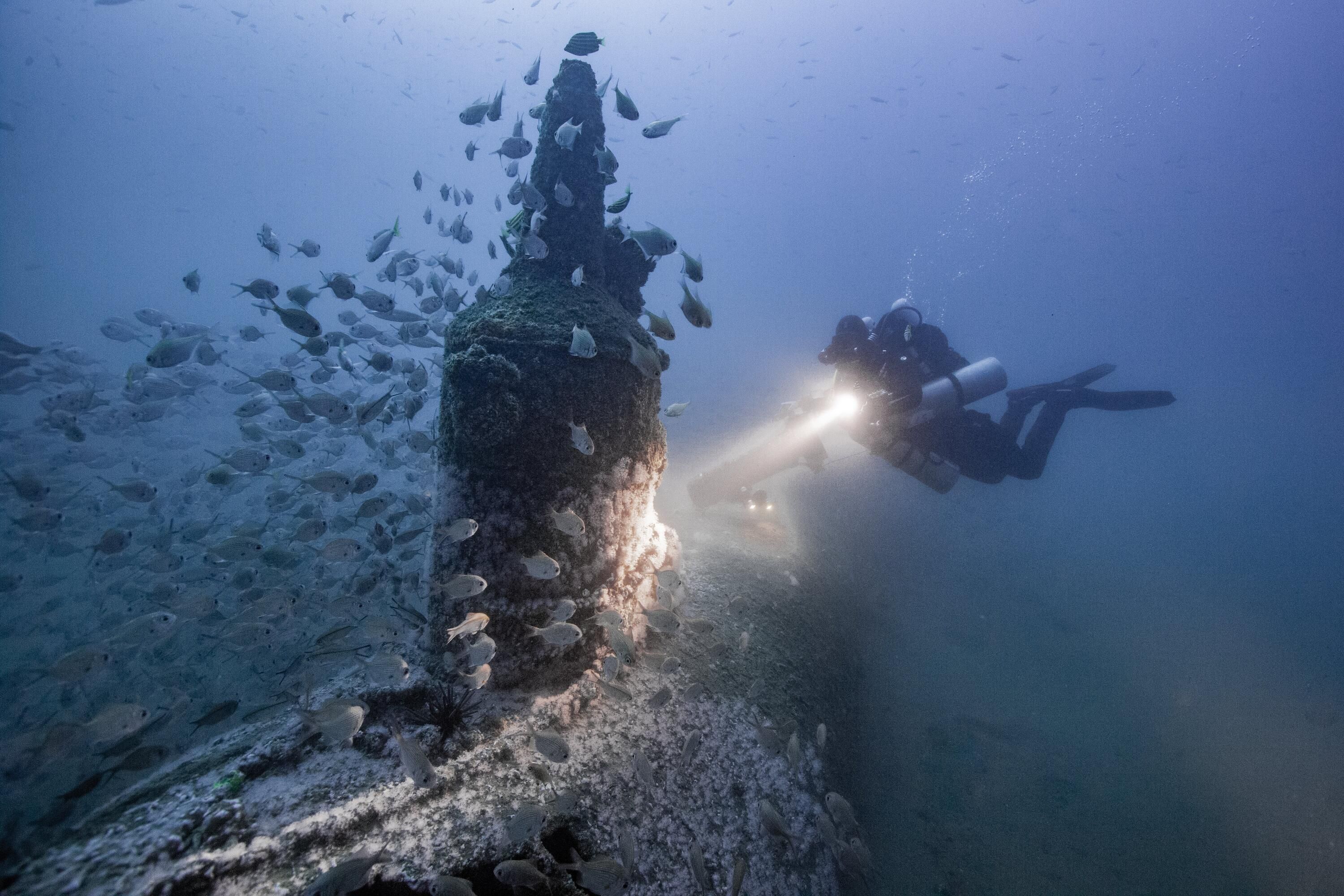 Photo taken underwater showing a scuba diver shining a torch on the wreck of Japanese midget submarine M24.