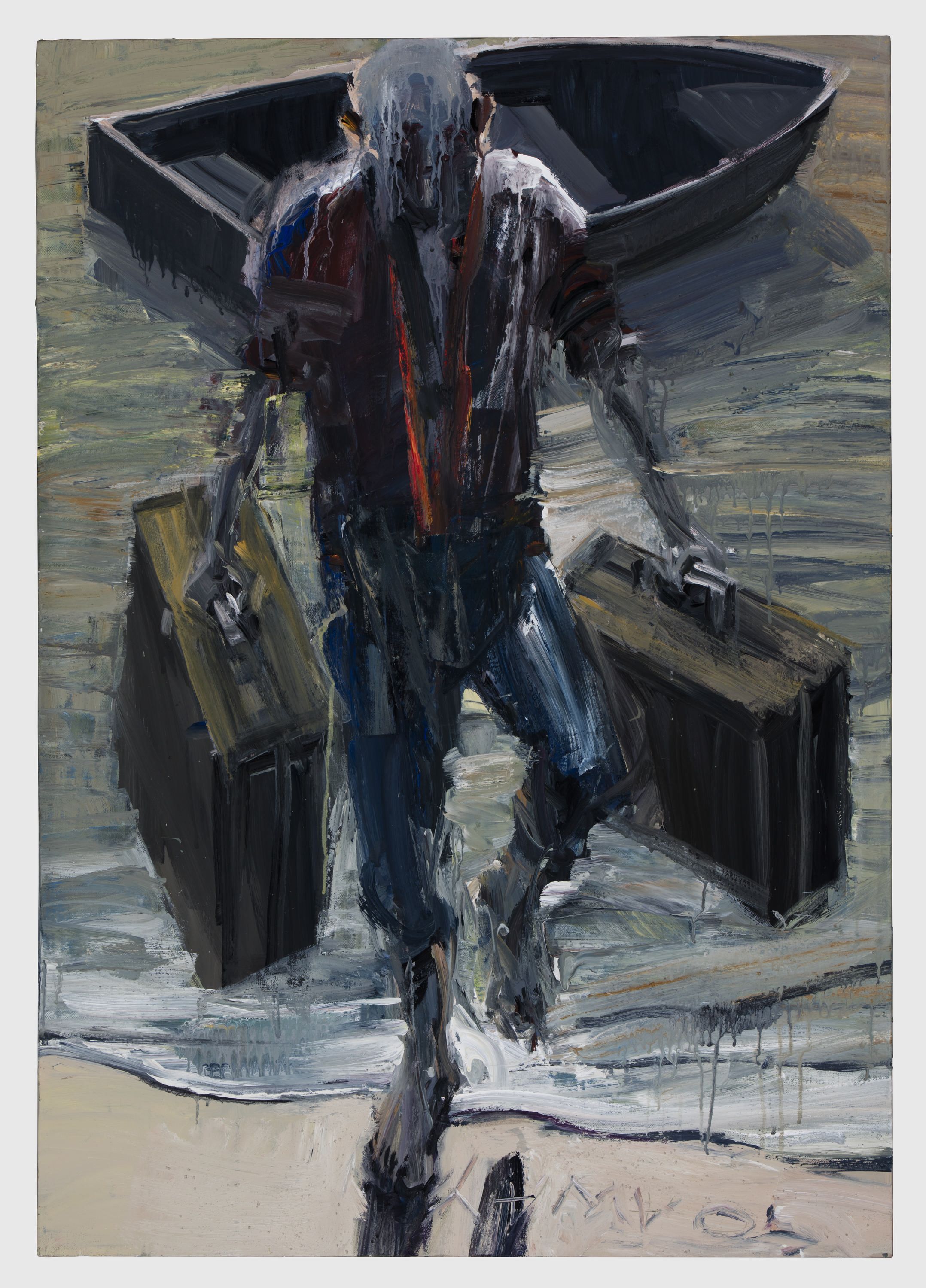 The stretched painting depicts a man carrying two suitcases from a small boat on to a beach. He is wearing a red shirt and jeans. This painting reflects upon the traditional owners of the land at Possession Island, Cook's first landing spot.