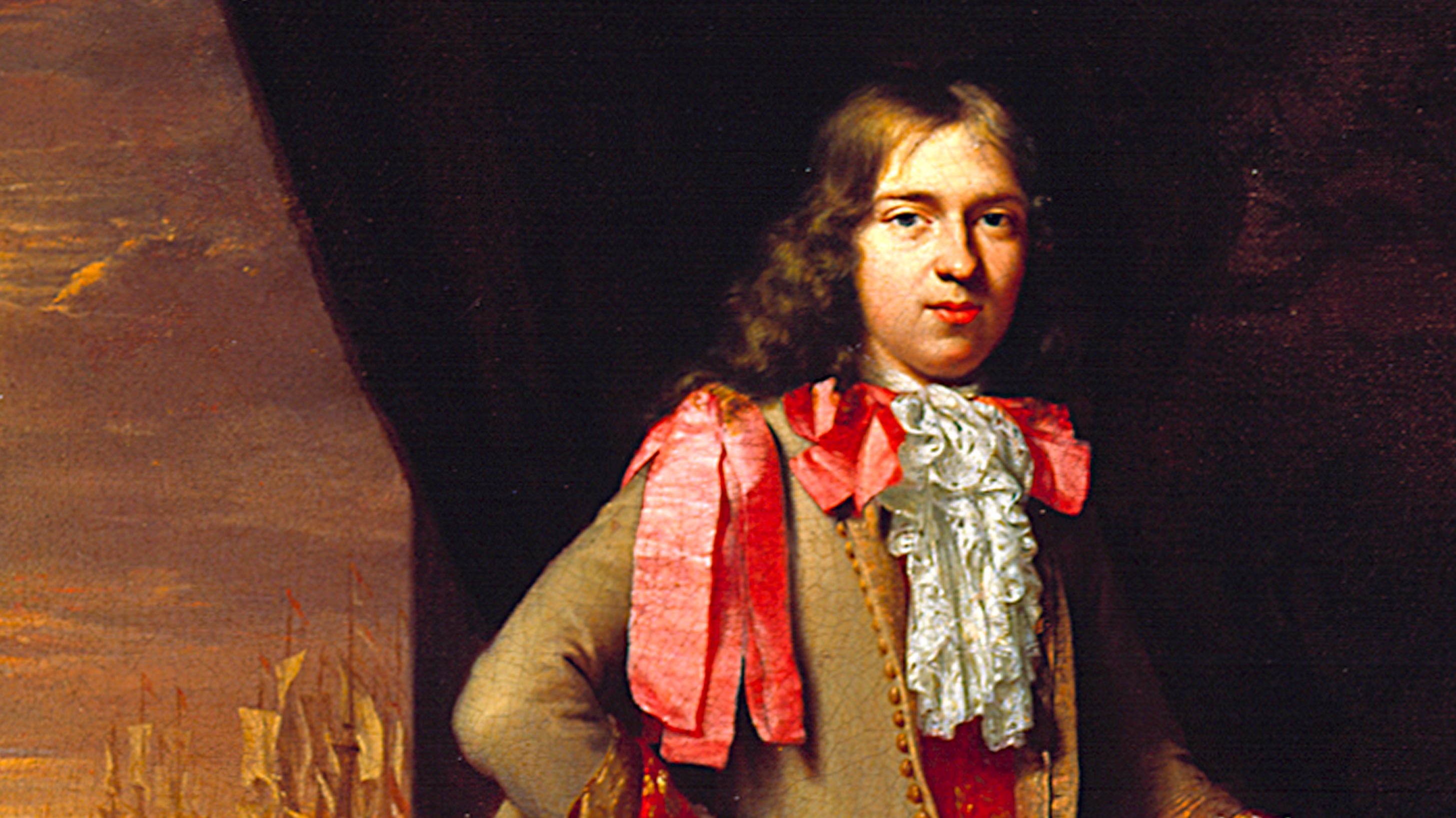 close up of a painting showing a man with long hair dressed in a fancy brown coat and red ribbons