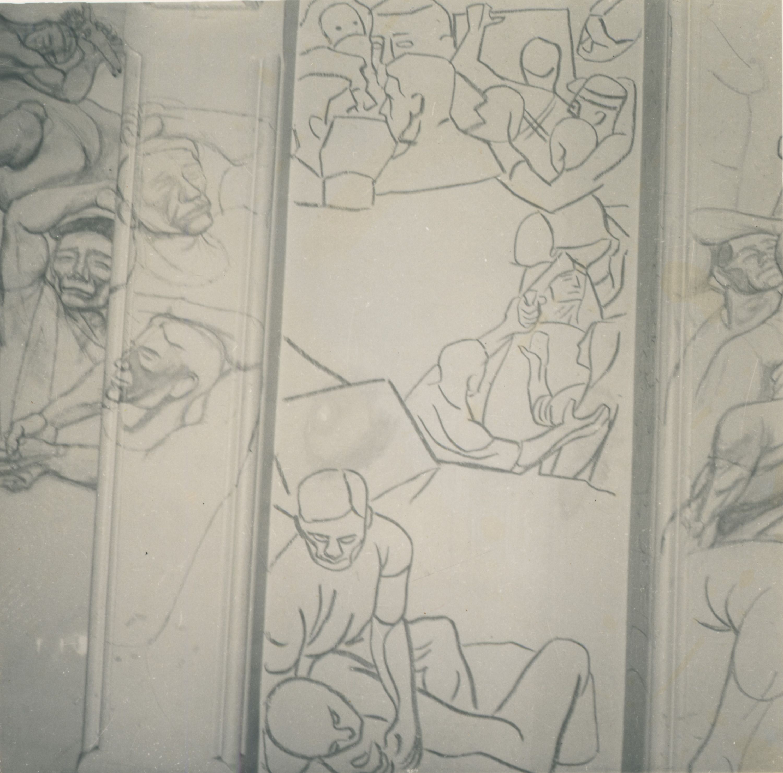 Object is a black and white photographic print on paper. Image shows detail of the sketch outline of part of mural at waterside workers sydney.