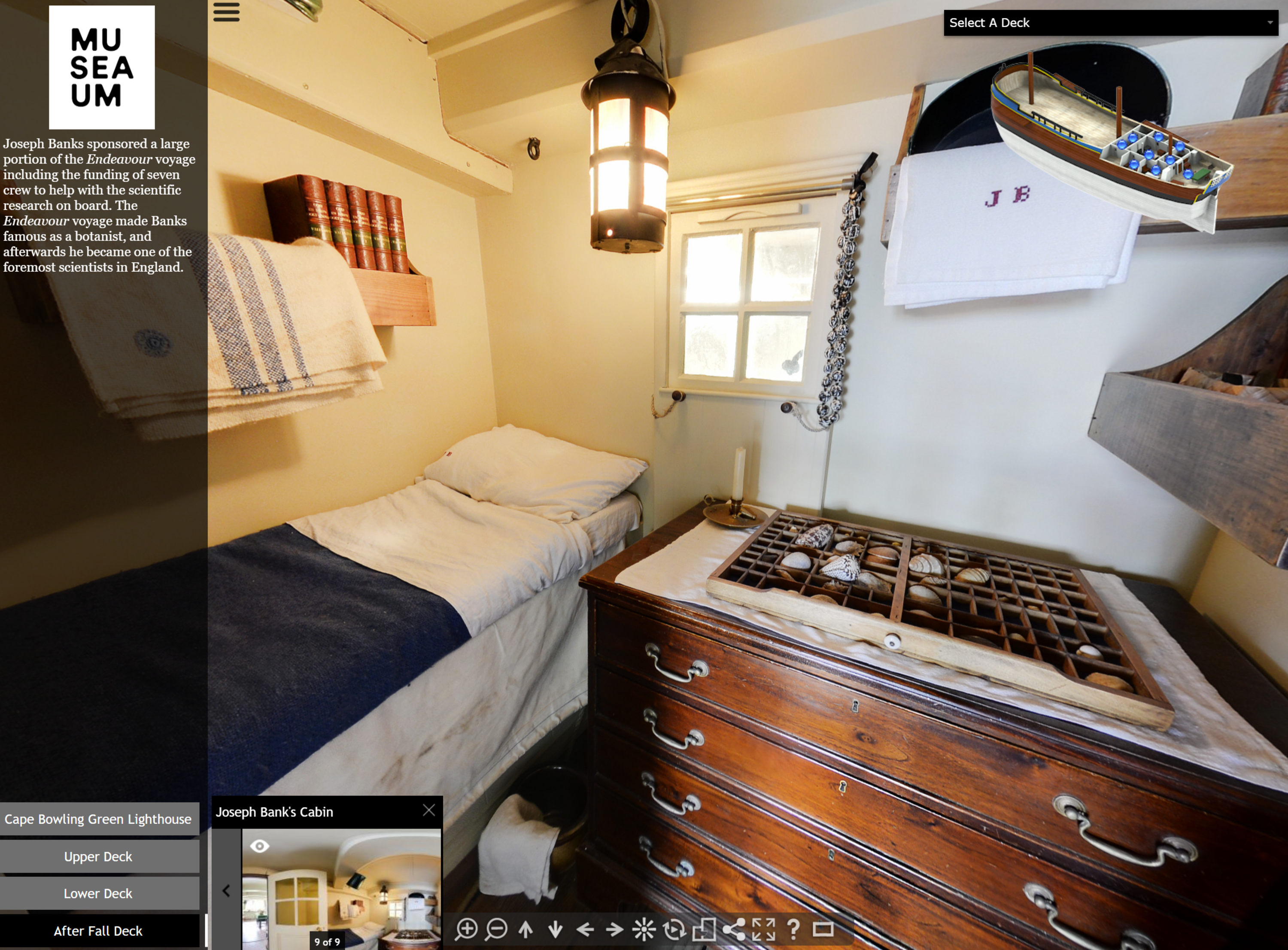 screenshot of virtual endeavour tour showing the inside of a ships cabin belonging to Banks