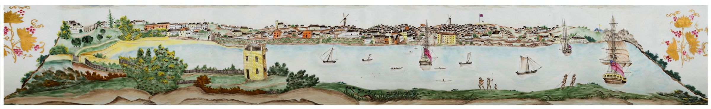 Photograph of a painting depicting boats on a harbour and a town behind. .
