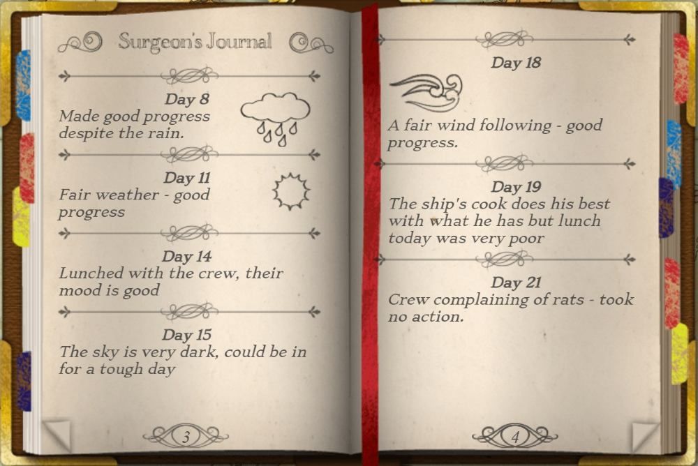 Screenshot from a computer game showing a diary. 