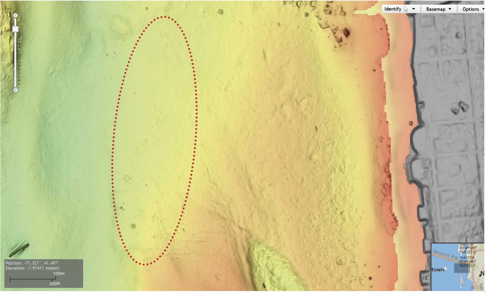 Sonar image of Newport Harbor’s seabed within the Limited Study Area, showing the locations of eighteenth-century shipwreck sites, including RI 2394.