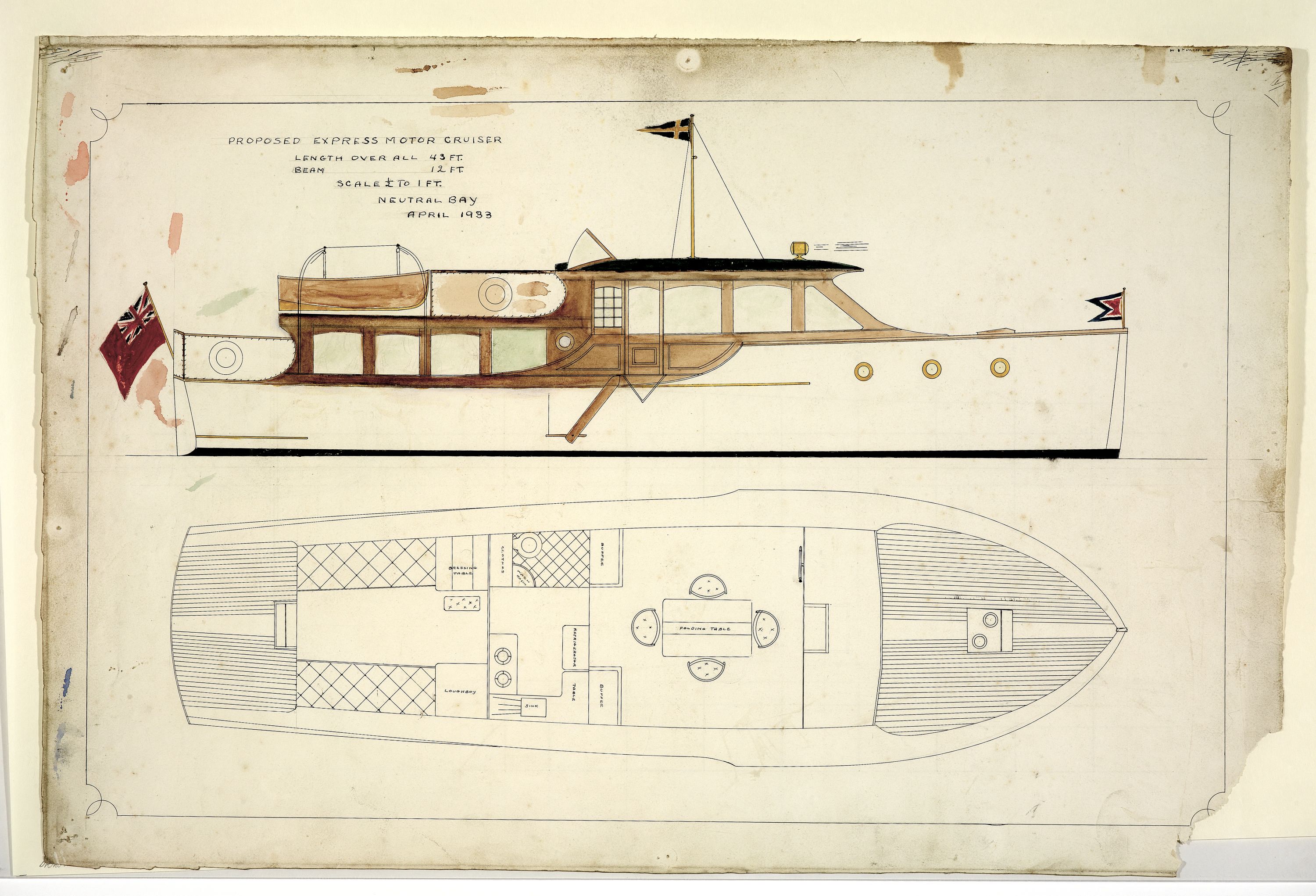 Original ink, pencil and water colour general arrangement plan consisting of an outboard profile with partial hand coloured detail and a below deck plan showing exterior planking and cabin interior