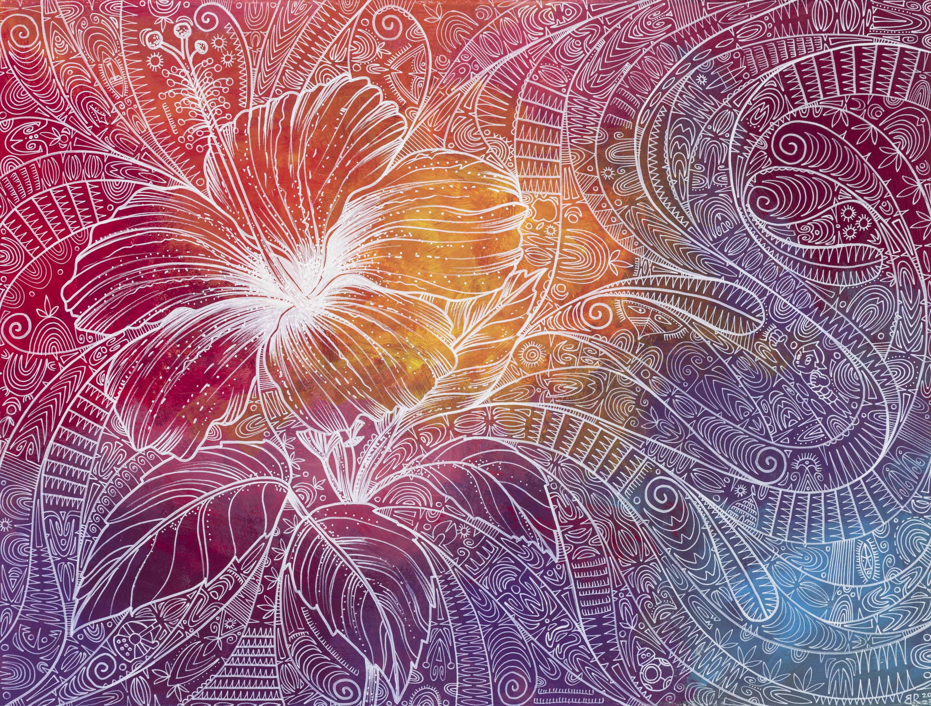 Image of an artwork, using white, detailed linework to depict a hibiscus plant and patterns, on a bright, colourful background of pink, orange, purple and blue.