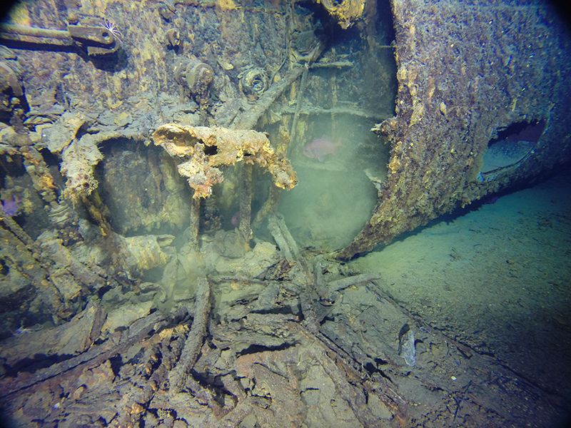 Photo taken underwater showing a shipwreck 