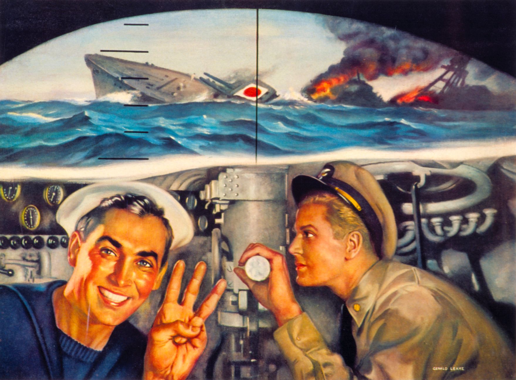 poster depicts an officer looking through the periscope at a Japanese battle ship sinking, a sailor is happy holding up three fingers