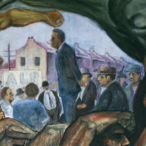 Close up section of a mural featuring a man in a suit standing up in a crowd.