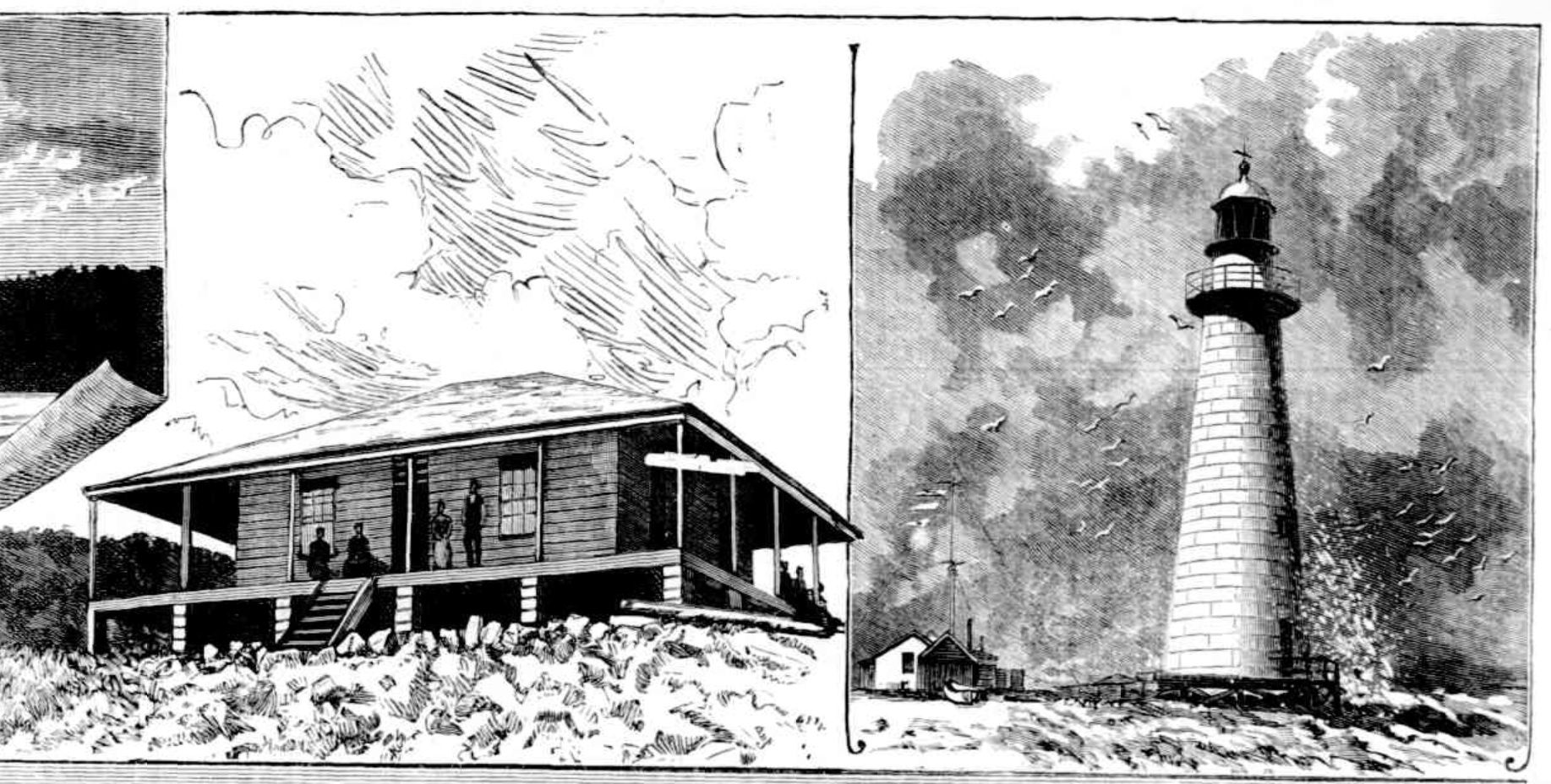 black and white engraving from a newspaper showing a building on the left and a lighthouse on the right.