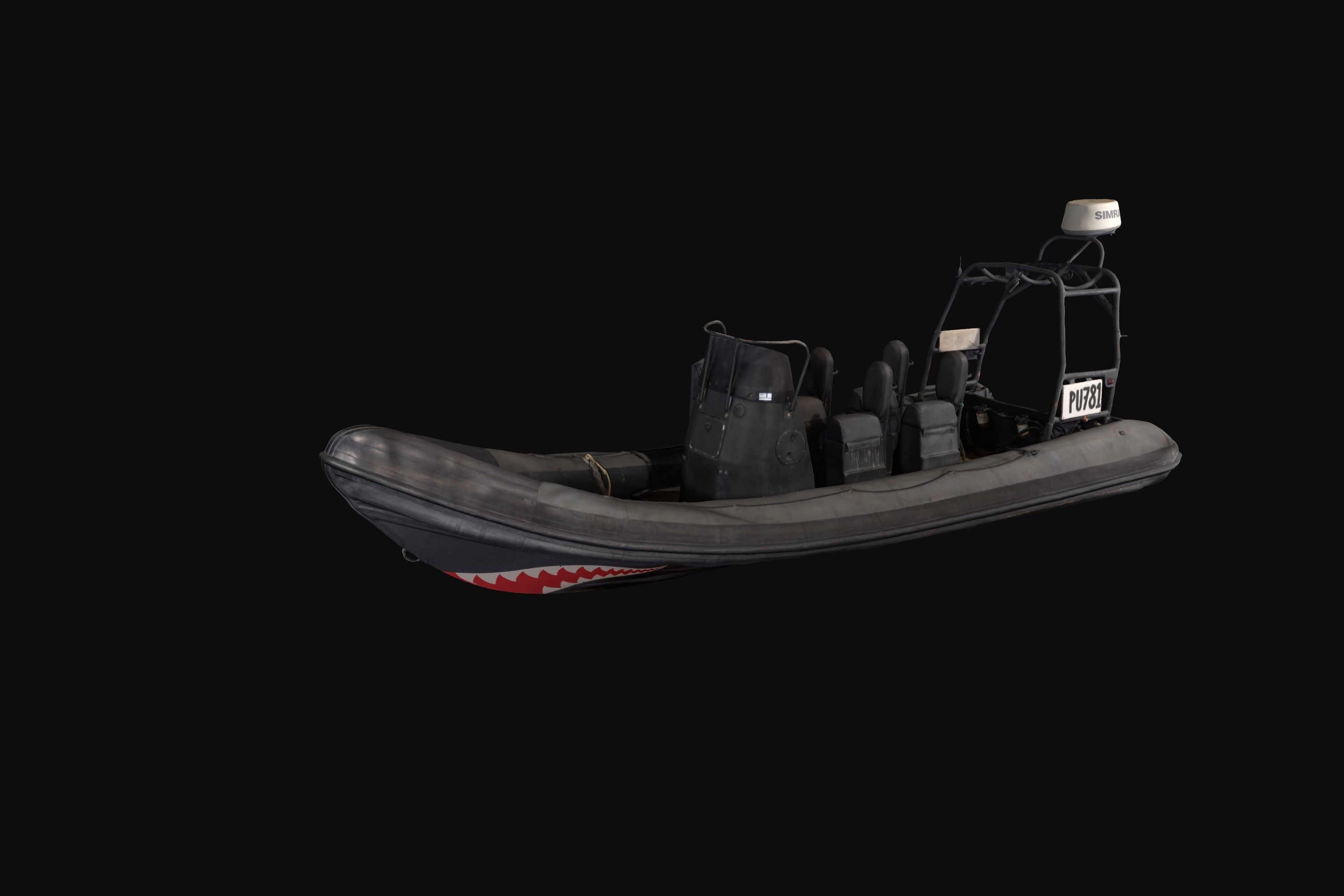 Screenshot of 3D model of a black speedboat with a red mouth painted on the bow.
