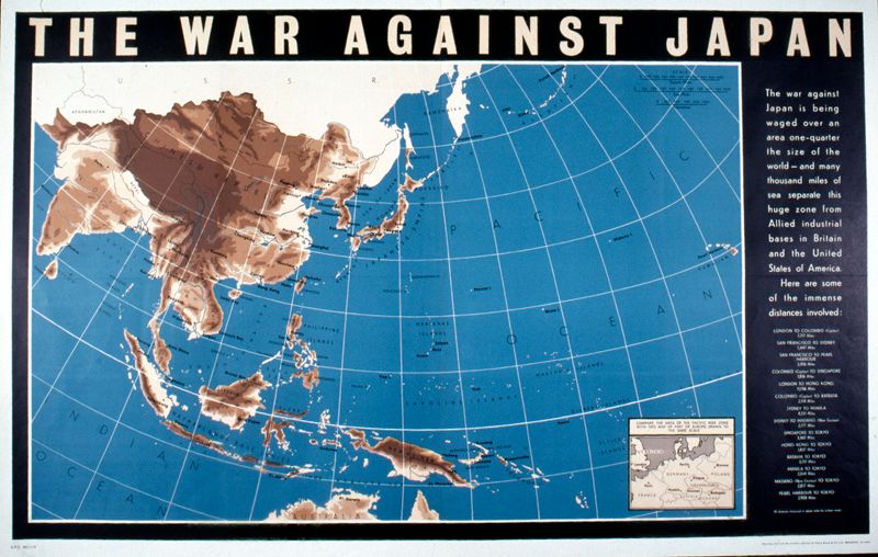 he poster depicts a map of Japan, USSR, China, Indonesia, New Guinea and Borneo with an inset map of Europe and Great Britain with the caption "compare the area of the pacific war zone with this map of part of Europe, drawn to the same scale", title "the war against Japan" appears above the image