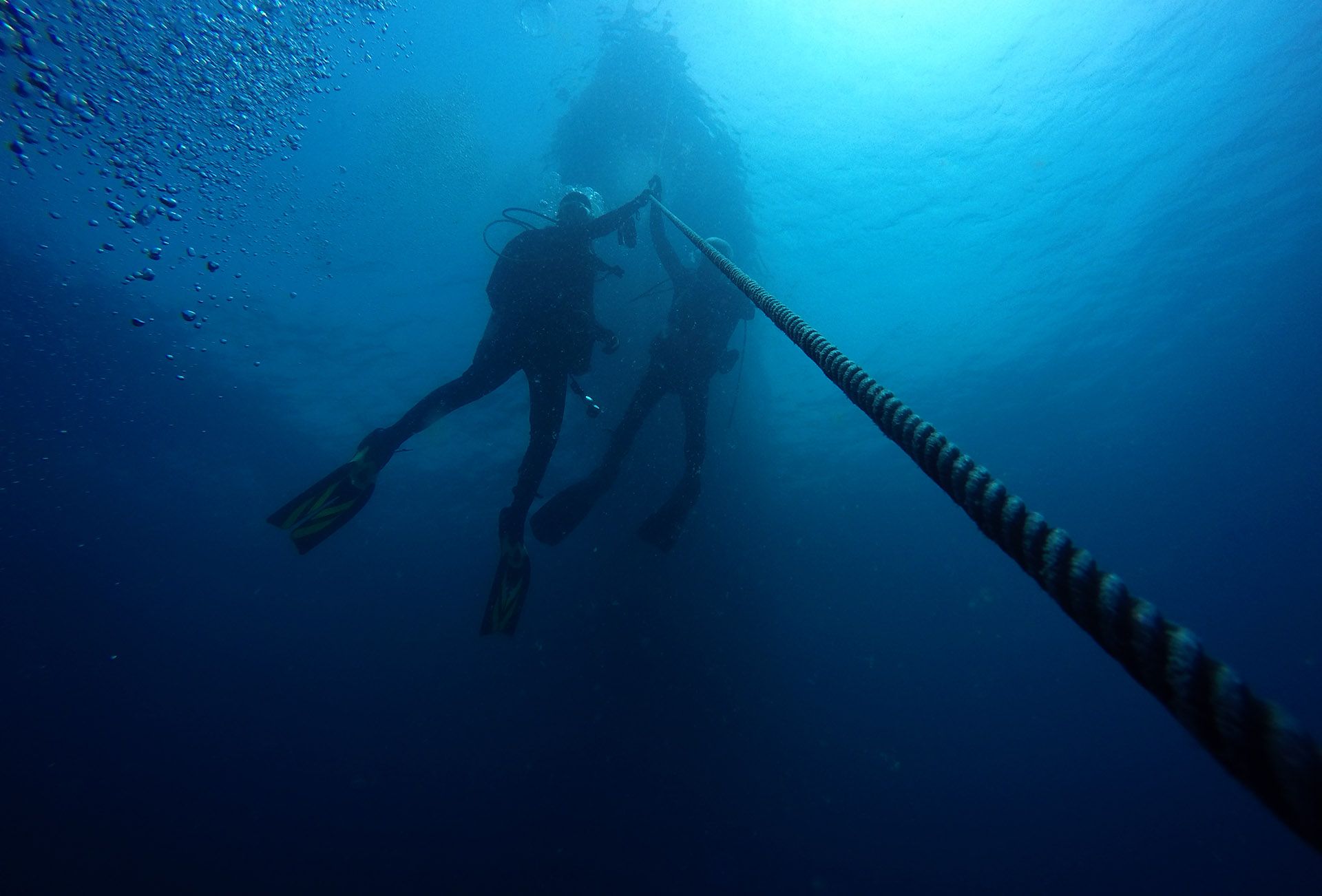 Photo showing 2 divers using a rope to guide them to the surface. 