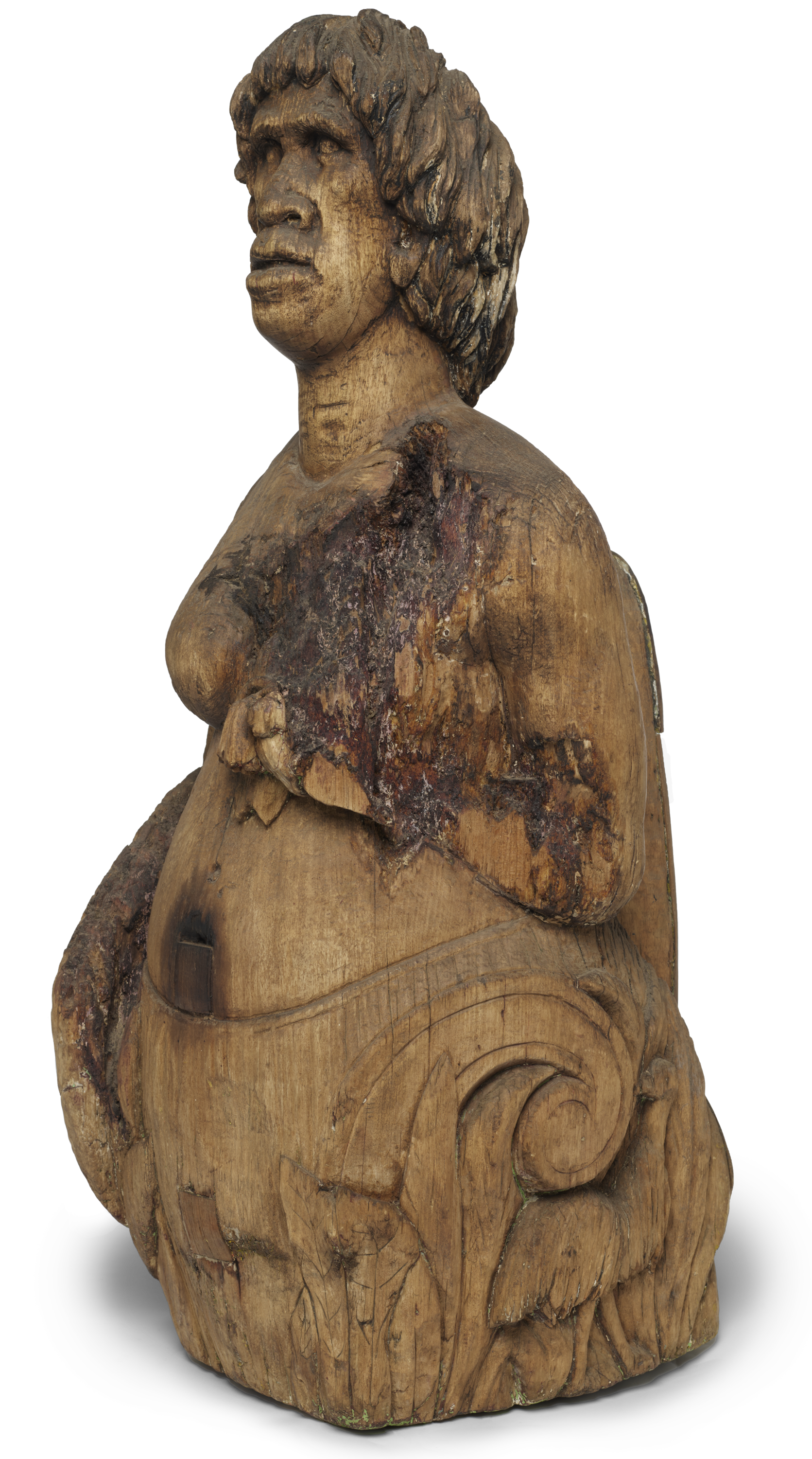 Figurehead representing a First Nations woman with native Australian floral motifs and reliefs of an emu at its base.