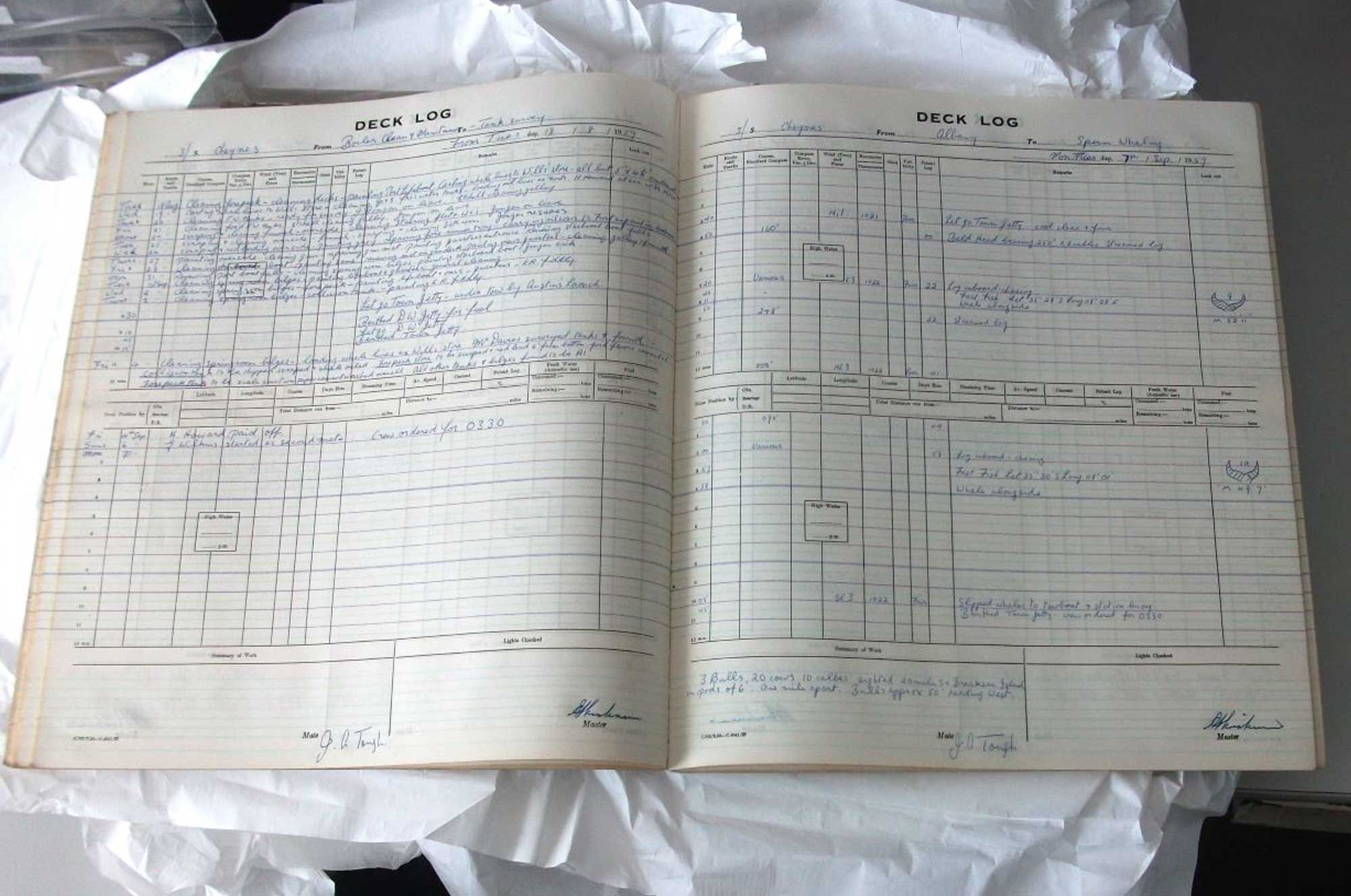 Photo of a log book, open.