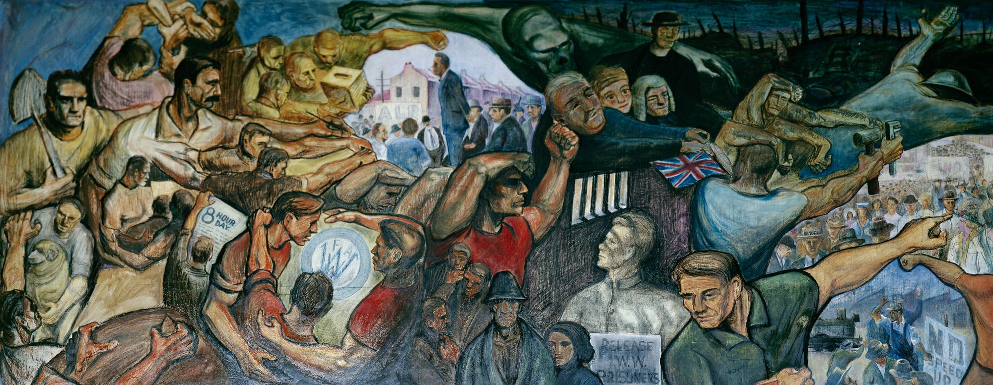 A section of a large mural with multiple figures. It celebrates the eight-hour working day. The figure with the prominent moustache on the left-hand side is famous Australian writer and poet Henry Lawson, whose work inspired unionists. This panel also depicts the foundation of the Australian Labor party at Unity Square in Balmain, Sydney, in the 1890s.