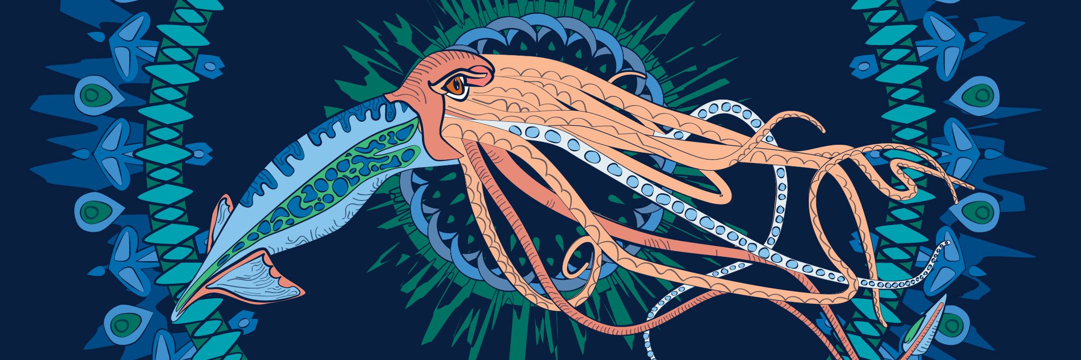 An illustration of a squid on a blue patterned background