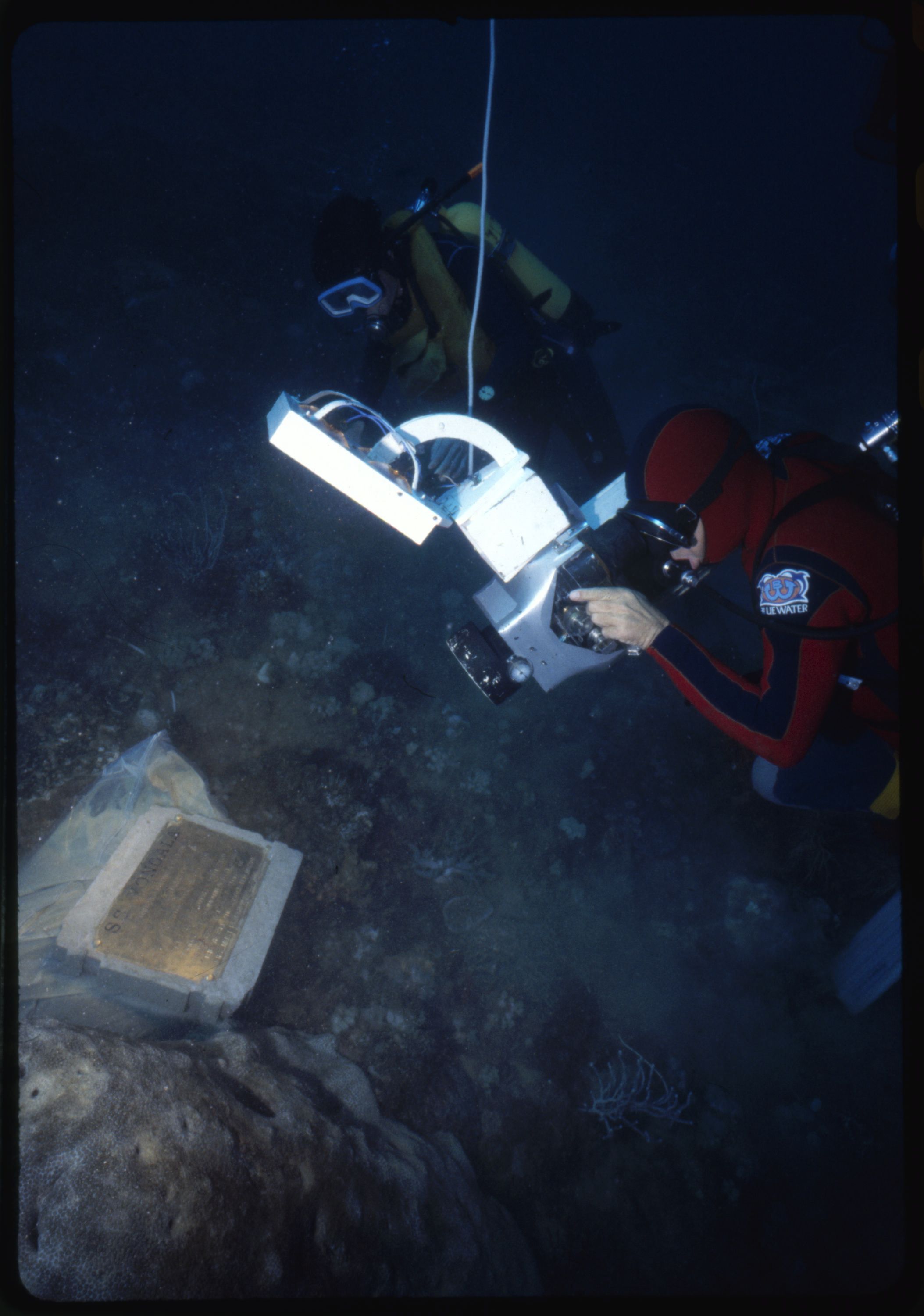 Photograph of divers underwater taking a photo of a plaque attached to a shipwreck. 