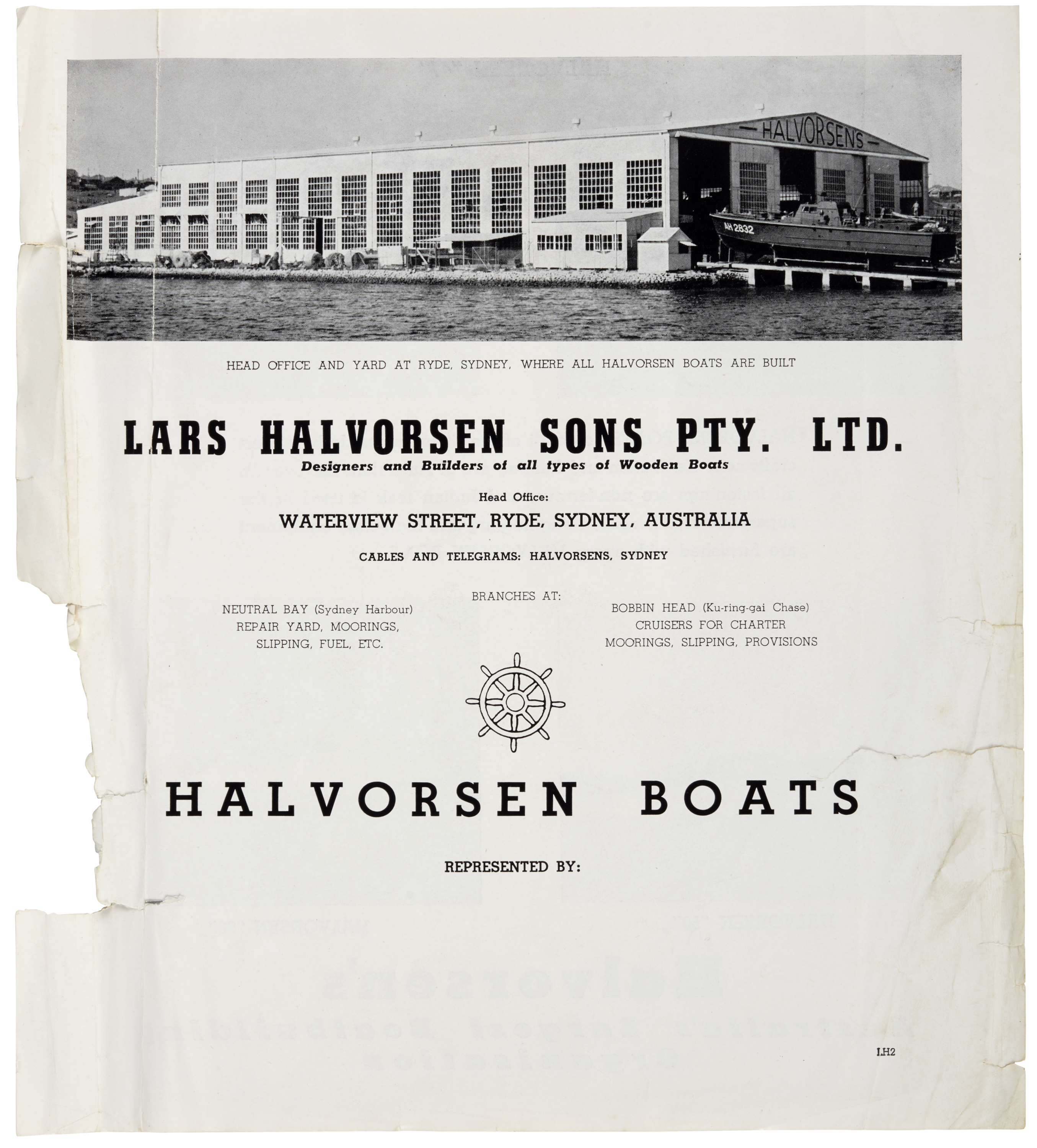 A black and white advertising flyer for Halvorsen Boats featuring featuring a photograph of a factory. The left side of the flyer is torn.
