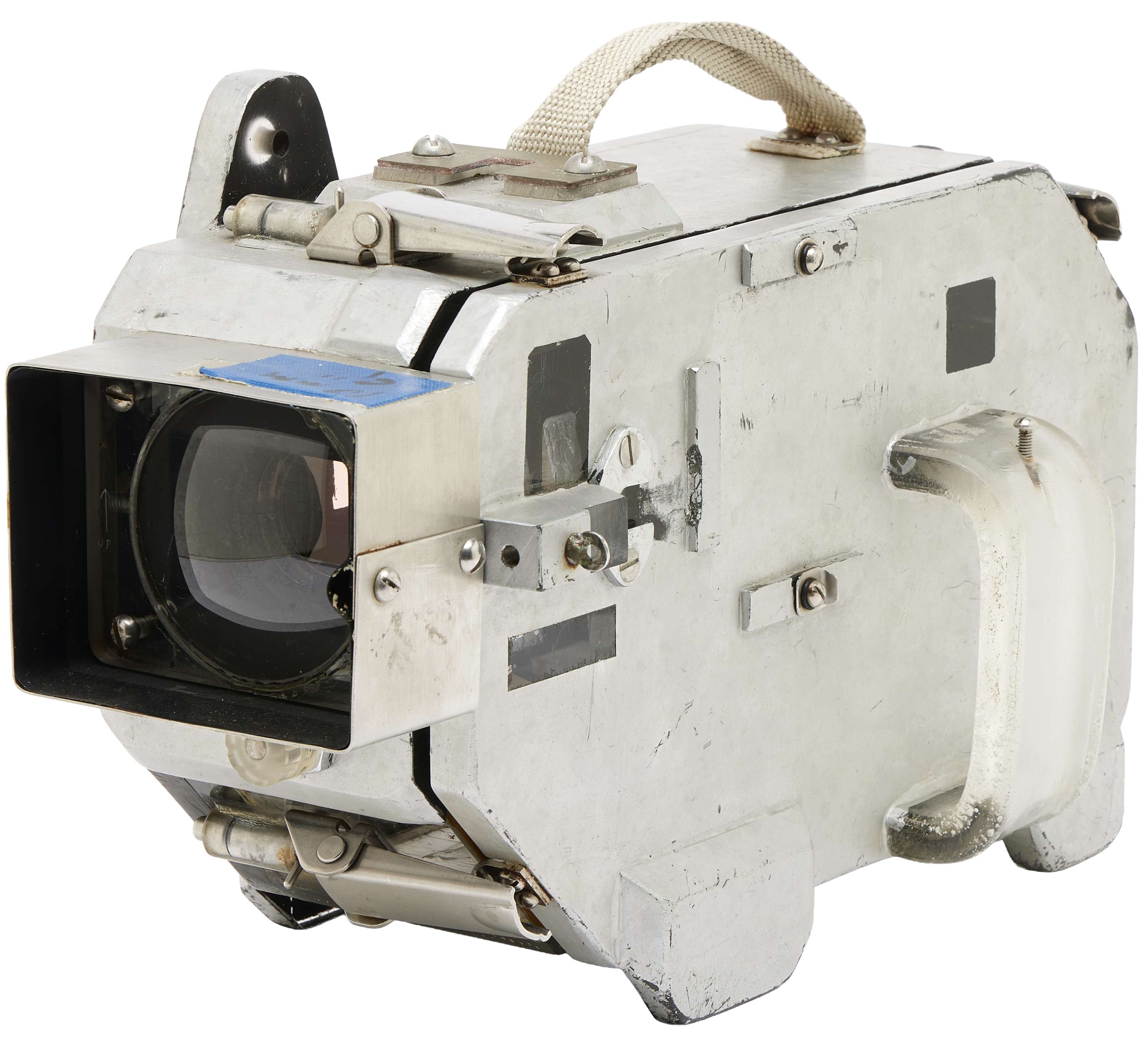 Photo of a custom made, oddly shaped metal case to protect a camera