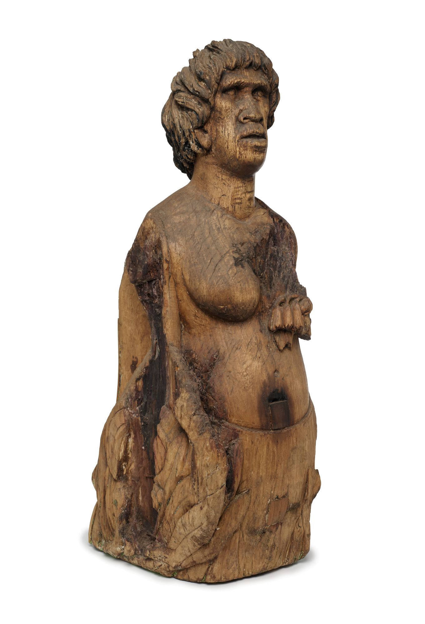 Figurehead representing a First Nations woman with native Australian floral motifs and reliefs of an emu and a kangaroo at its base.