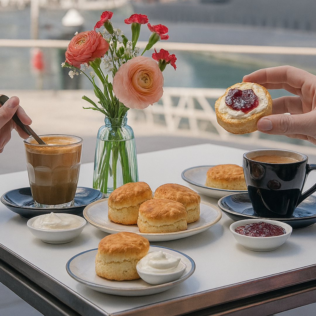 Photo showing a table with scones, coffee and a vase of flowers. 