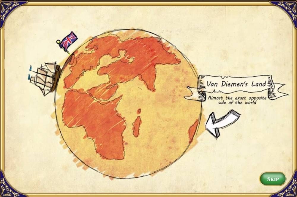 Screenshot from a video game showing a globe with a ship leaving England and an arrow pointing to Australia on the opposite side. 