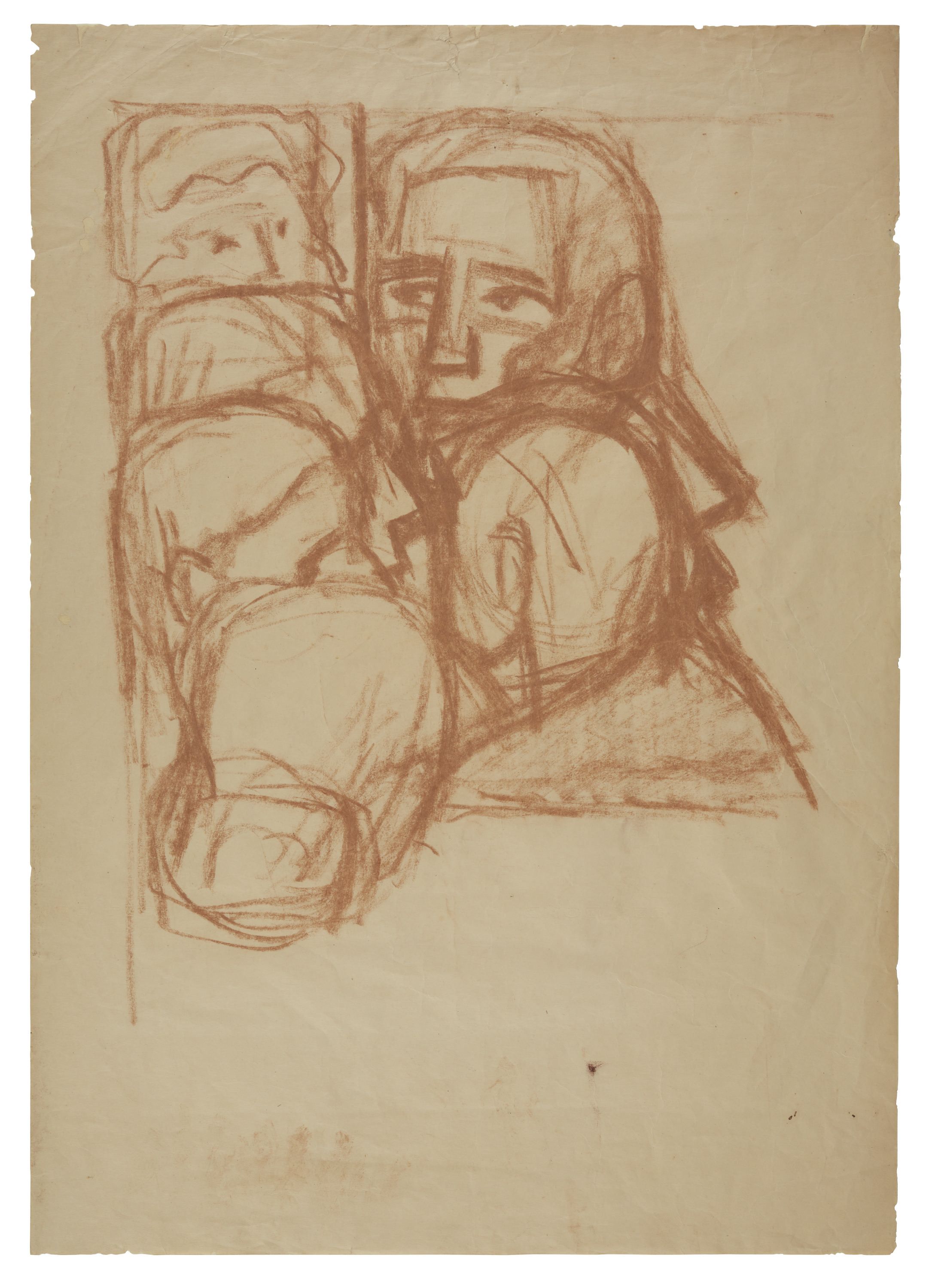 Sketch in brown of a group of faces
