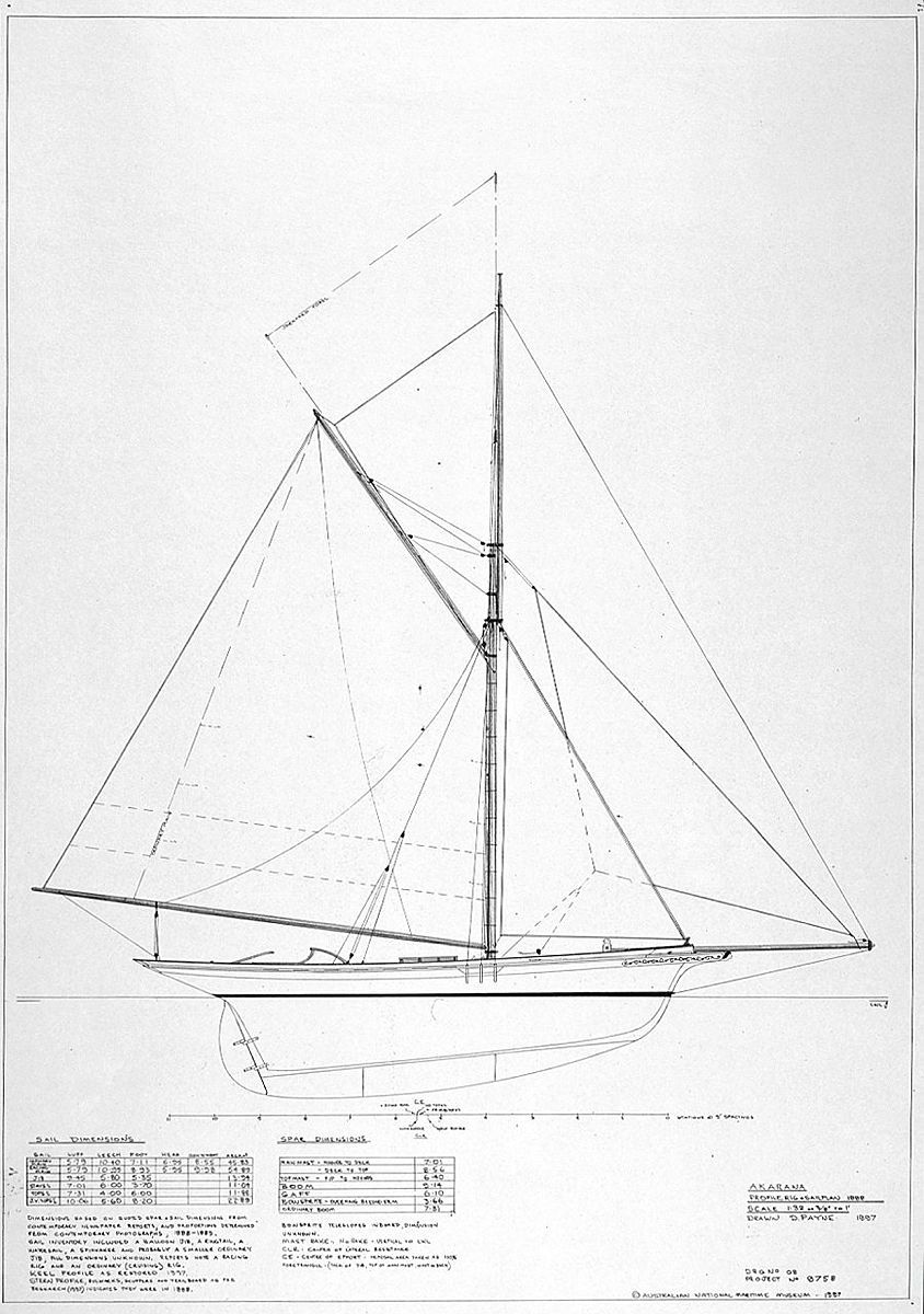 Drawing of a vessel plan, showing a profile of the rig & sails