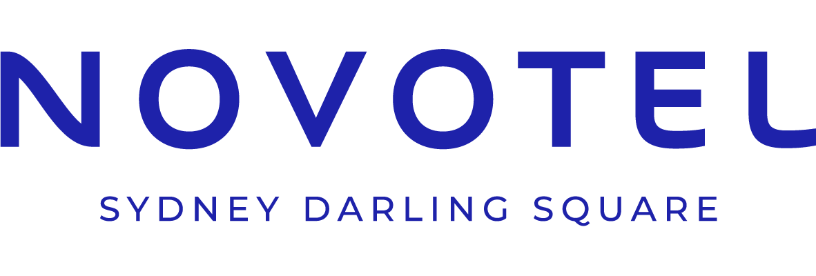 Logo with blue text, Novotel Sydney Darling Square