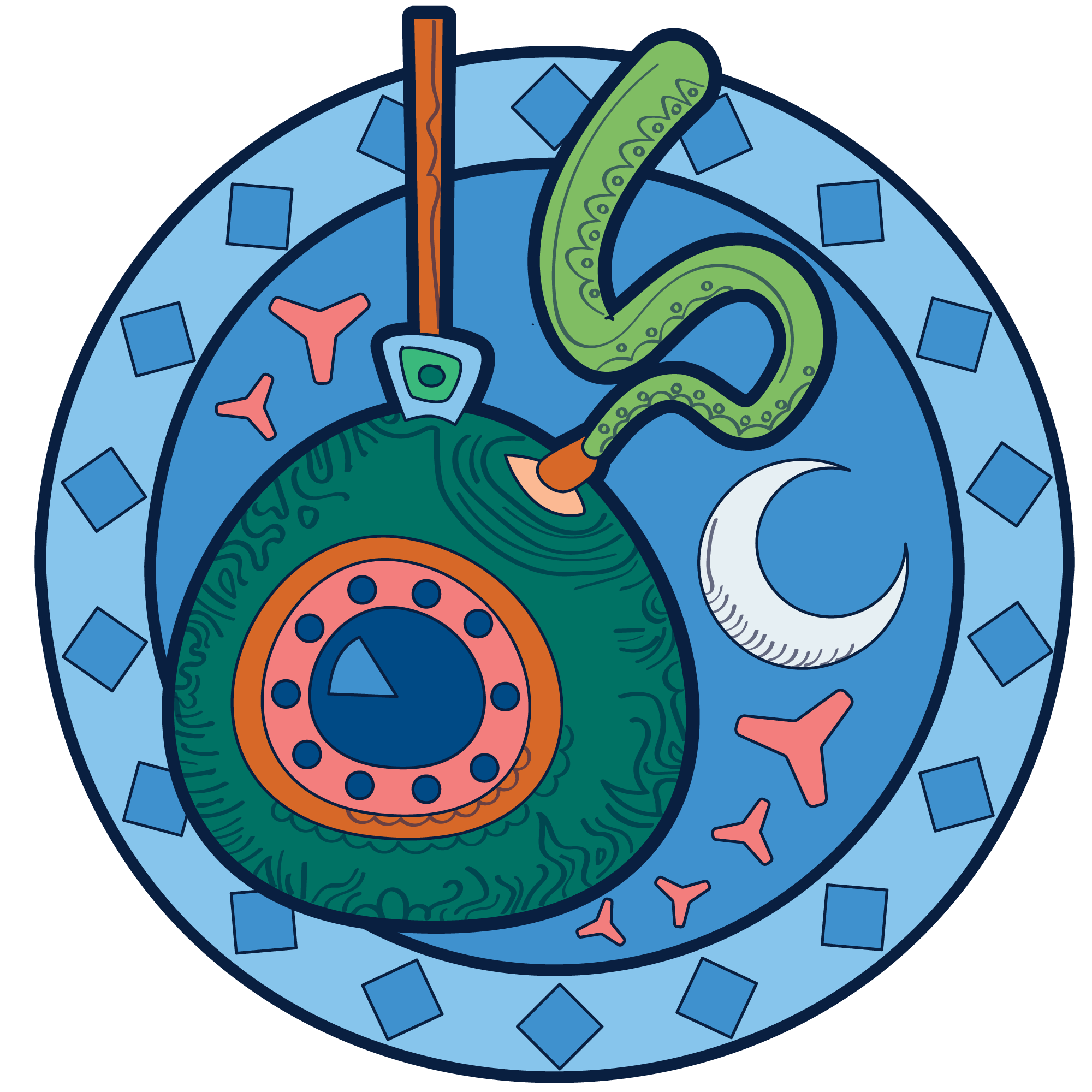 Illustration of a round submarine underwater