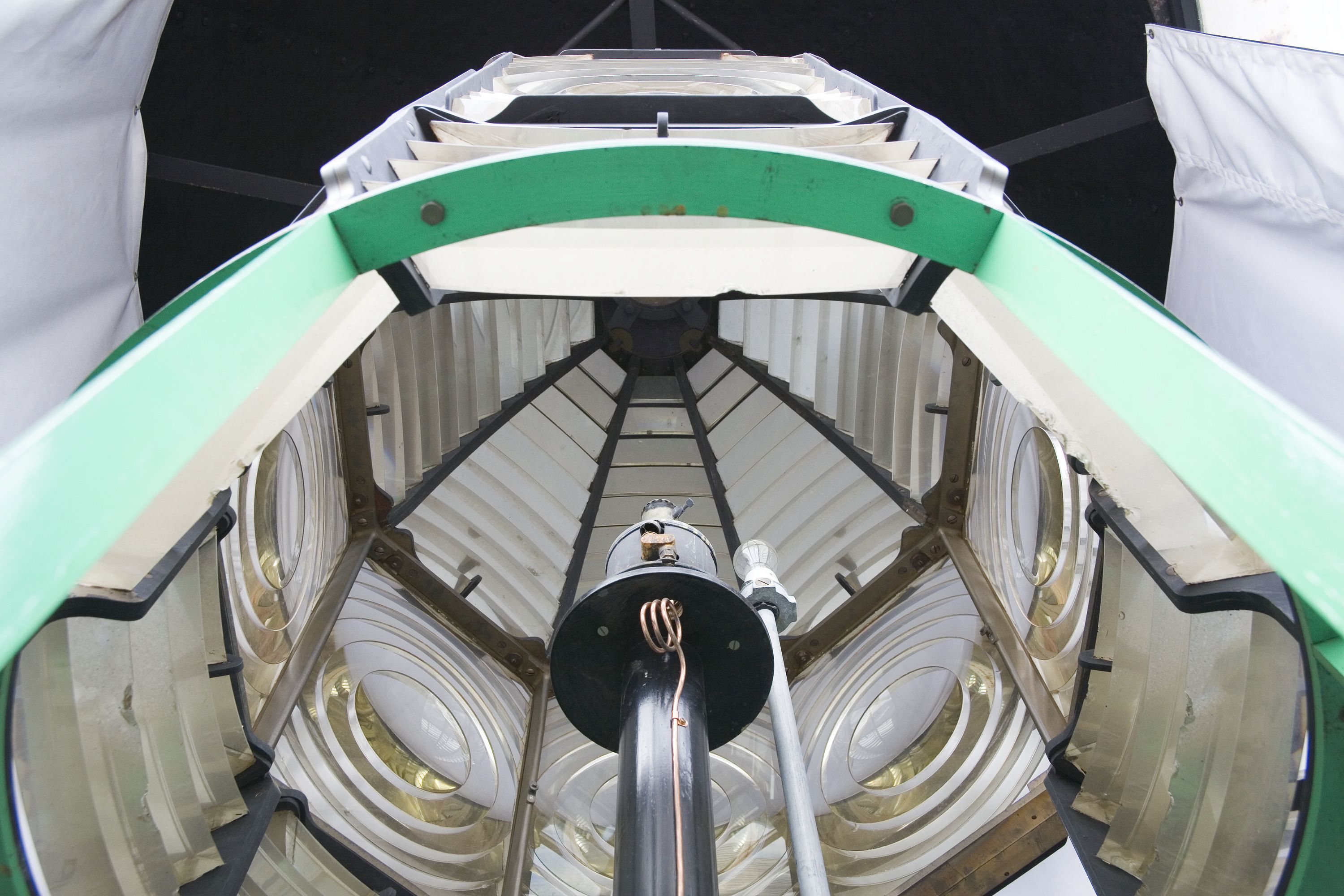 Photo showing detail of the interior of the lighthouse lantern lens.