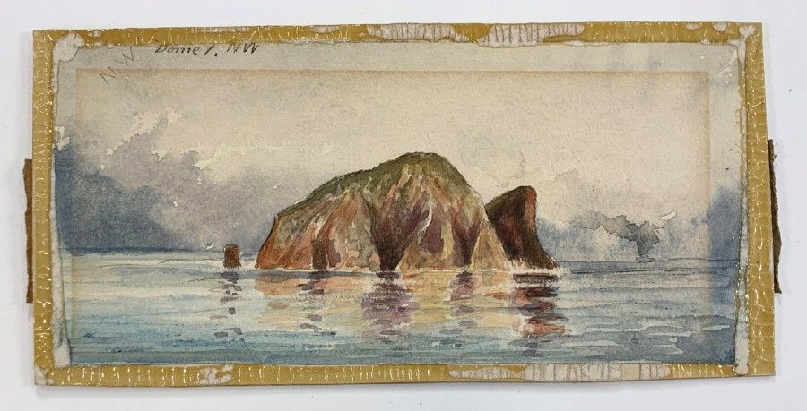 Watercolour painting of a small island, painted on a board. It has been removed from its mount.