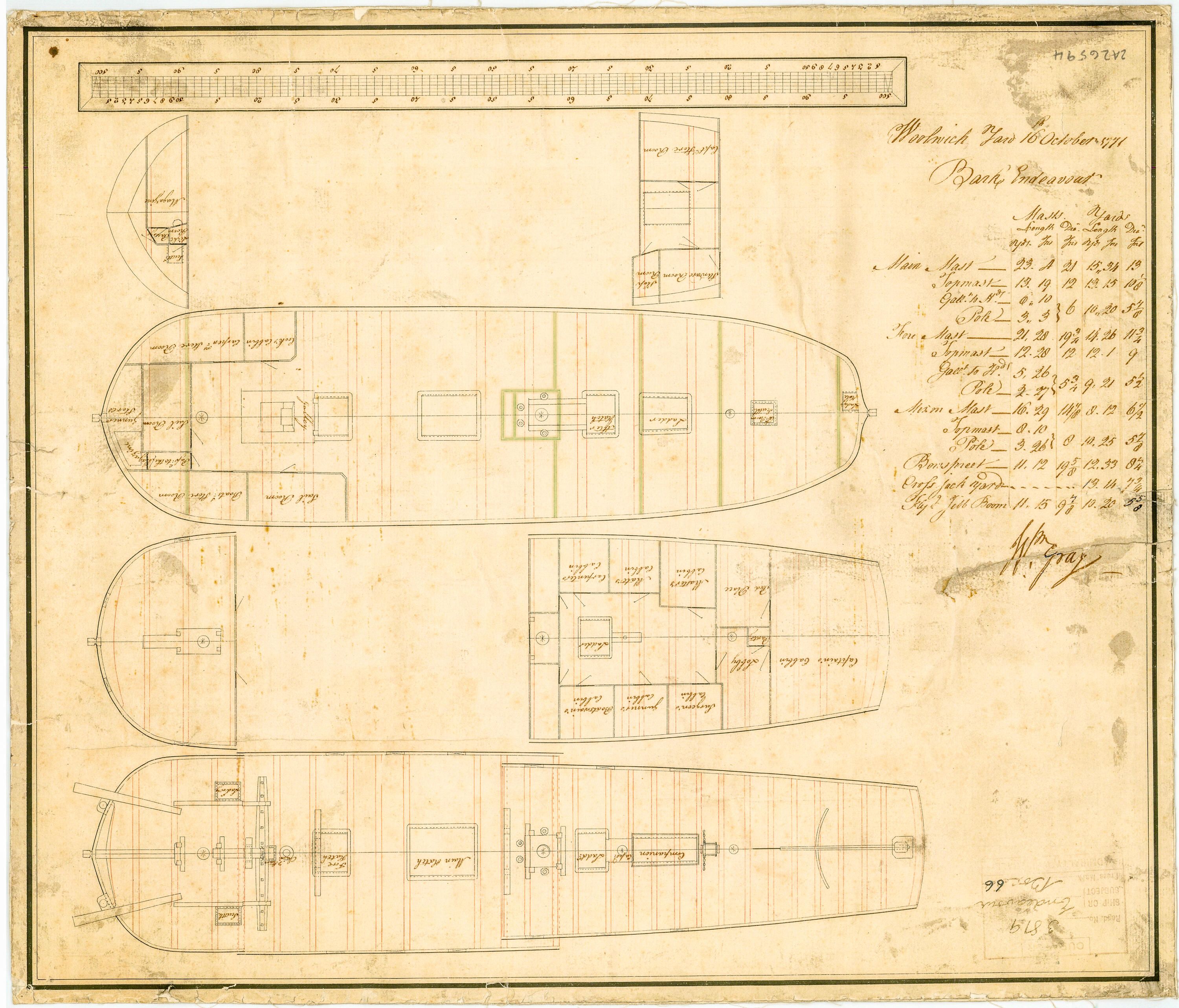 A yellowed peice of paper with drawings showing the plan for a ship, with cursive writing.