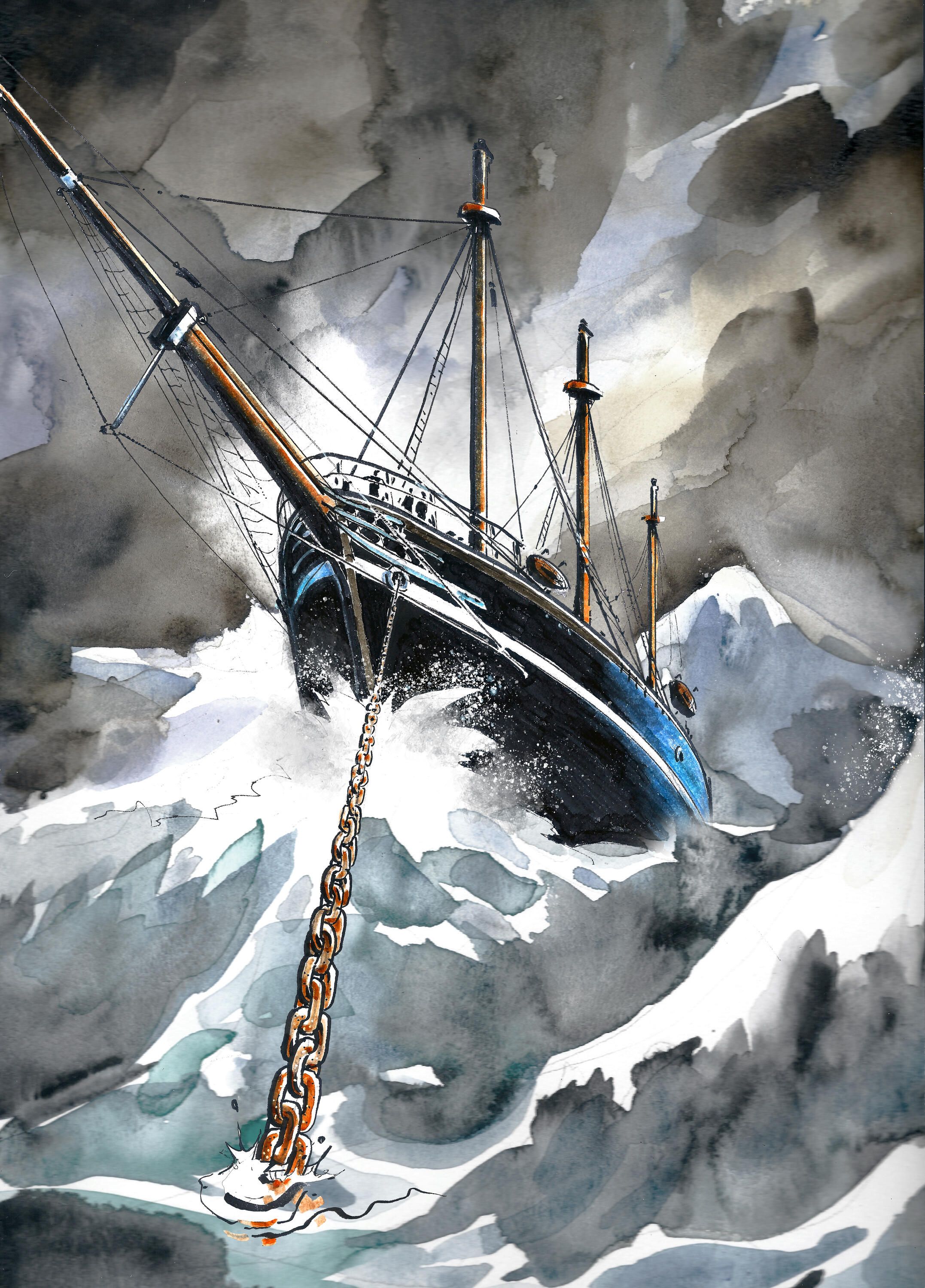artwork showing a low angle of the bow of a ship, with a chain our the front going into the waves and a grey sky.
