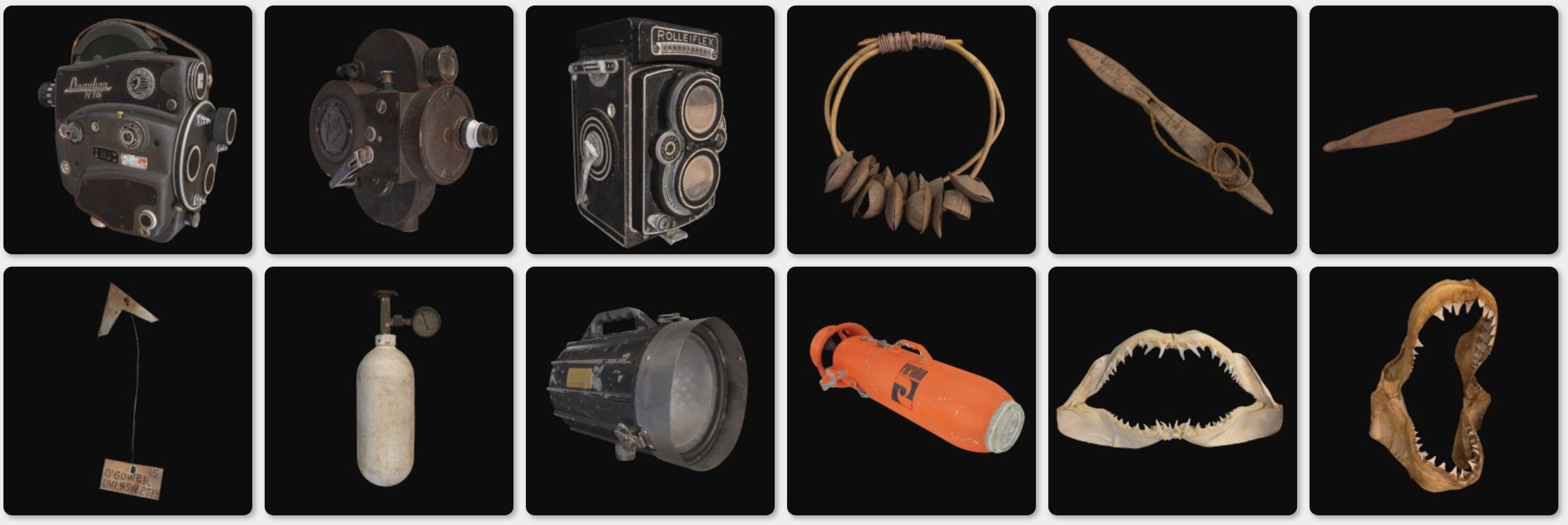 Screenshot of a grid showing different objects including cameras and shark jaws.