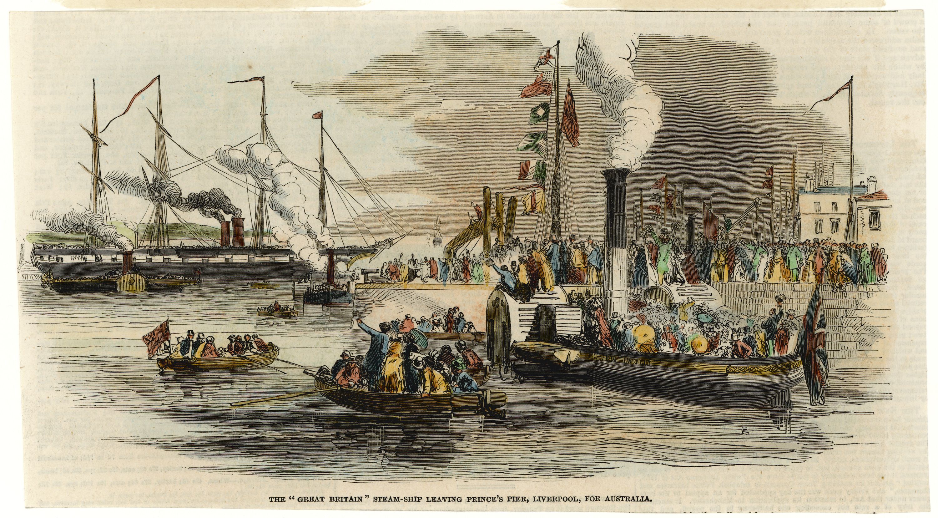 Hand coloured engraving showing people in colourful clothing in several boats, with a steam ship in the background. 