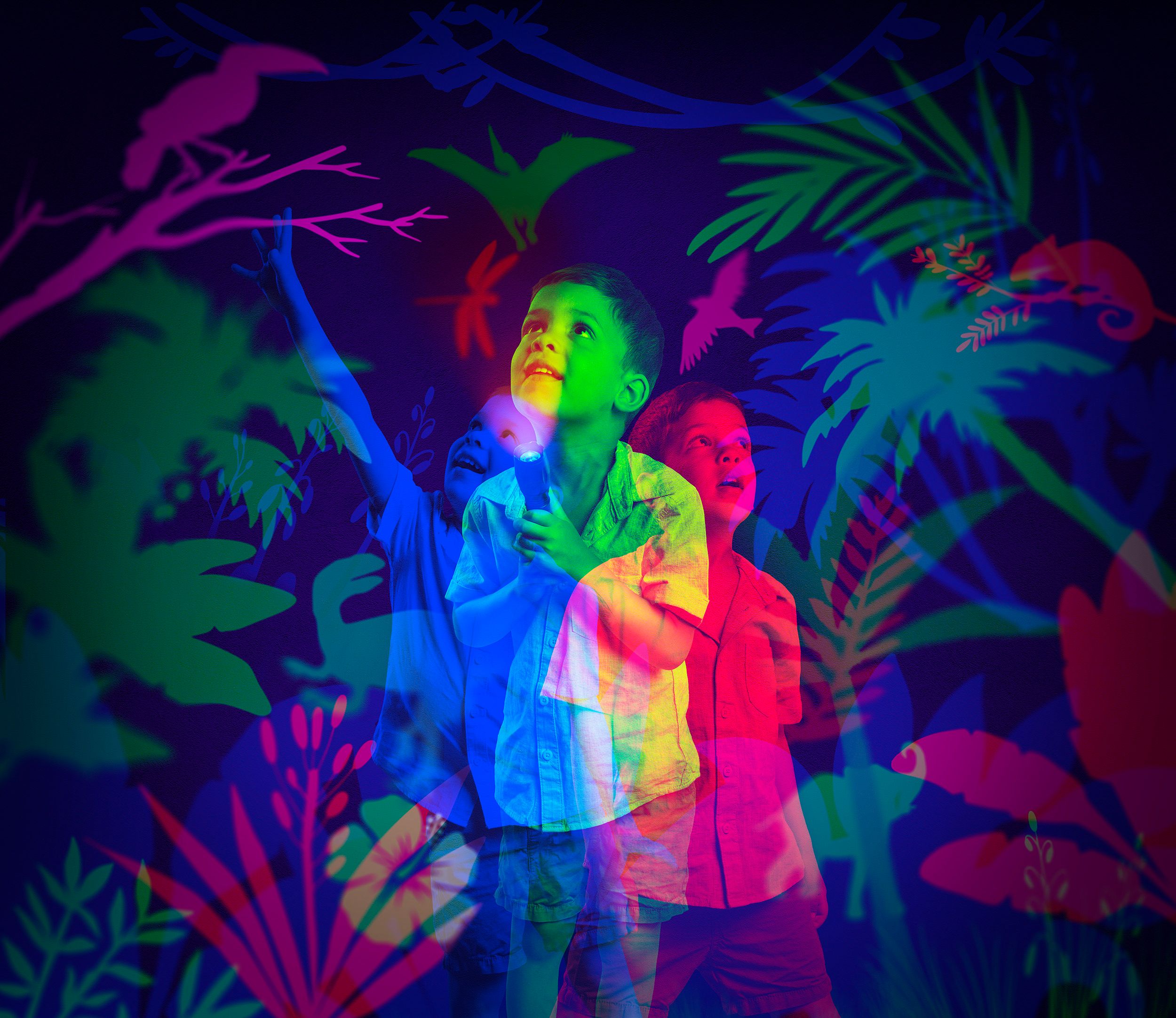 Image of a child with transparent overlapping layers in different colours.