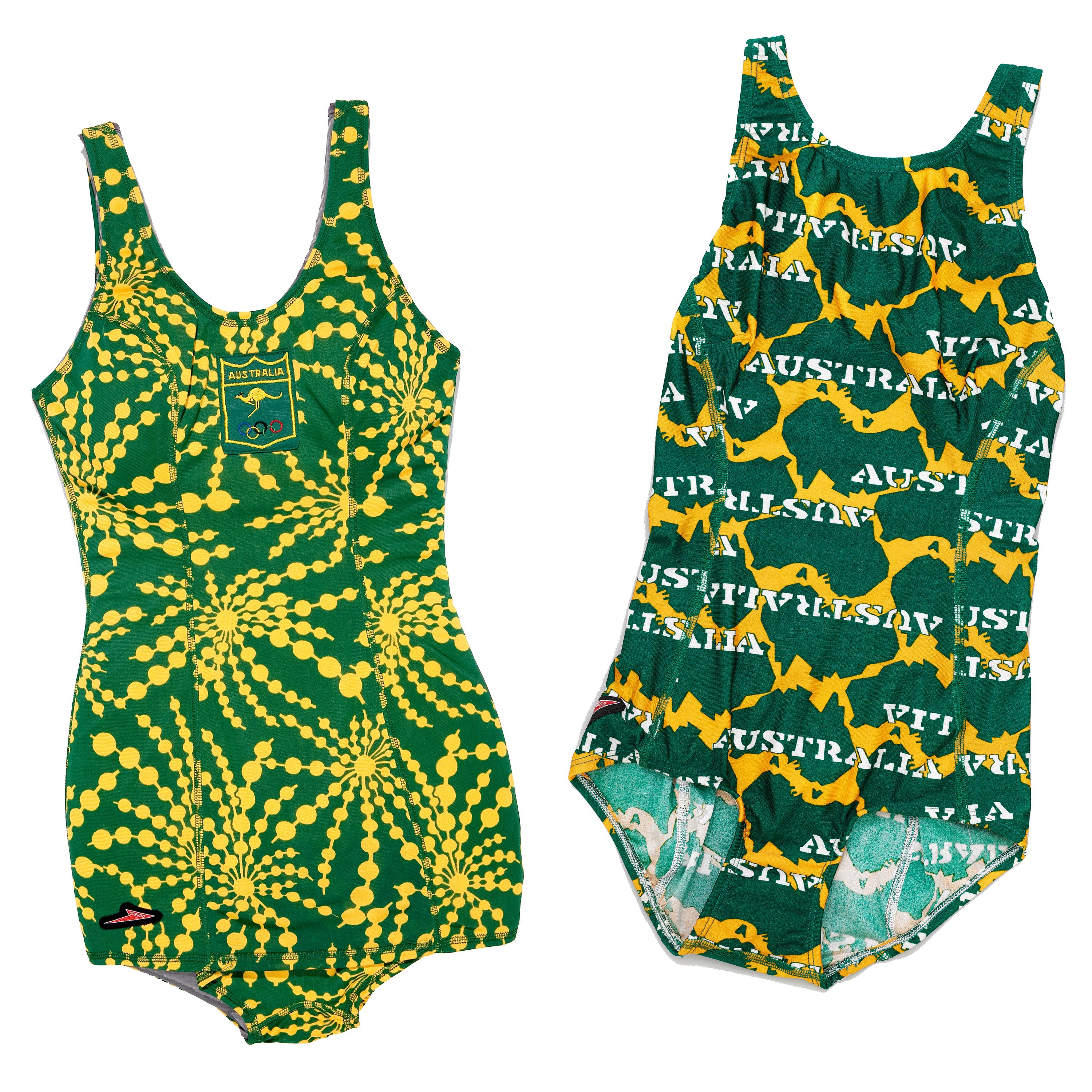 Two women's swimsuits in green and yellow patterns