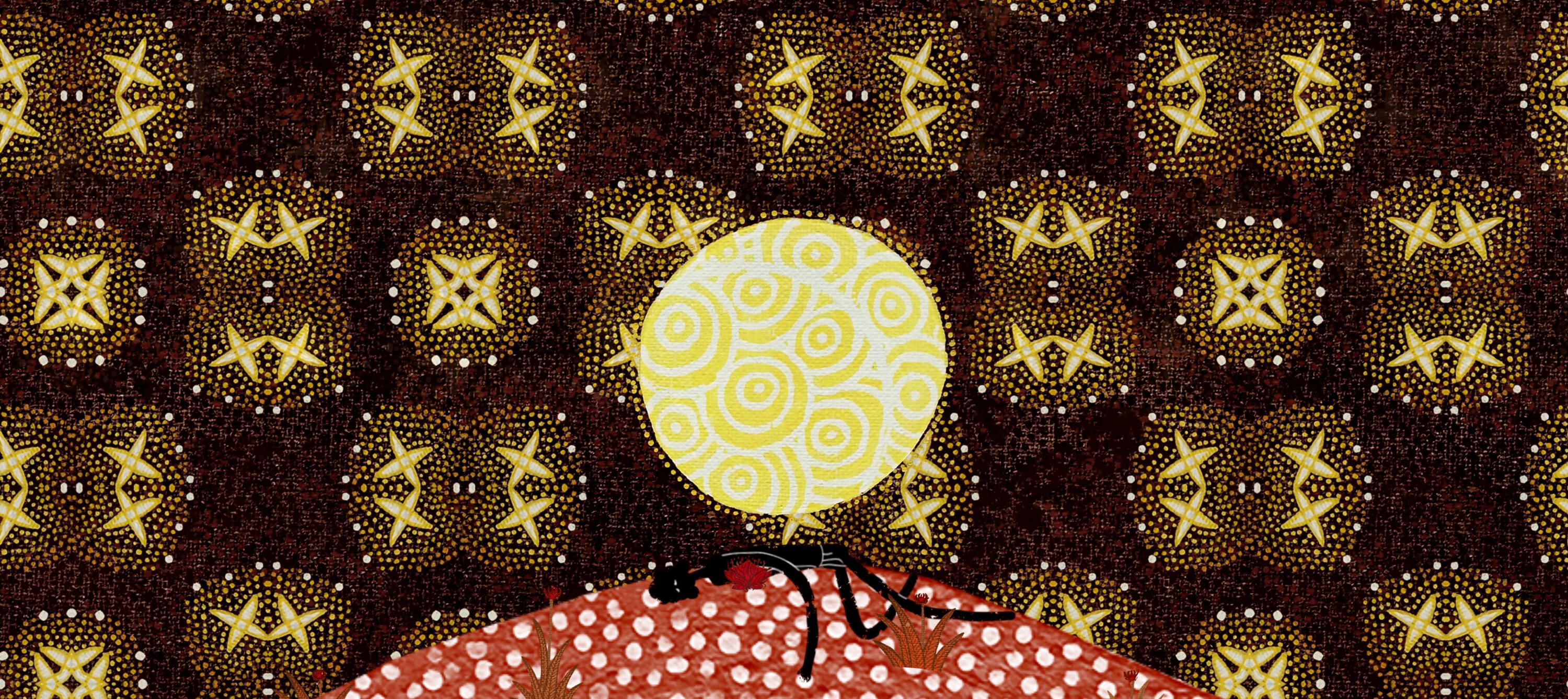 Still image from an animation with a patterned background and yellow sun.