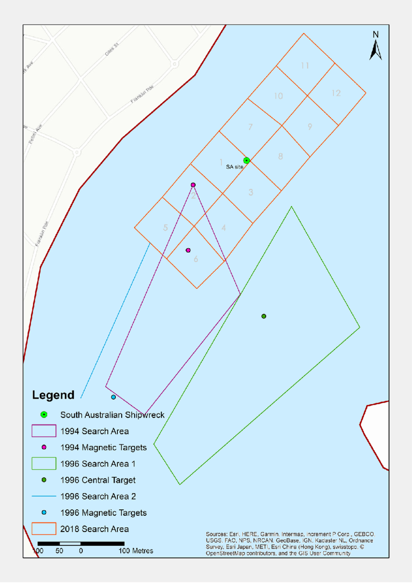 A computer-generated map of the wreck site with annotations of the search grid