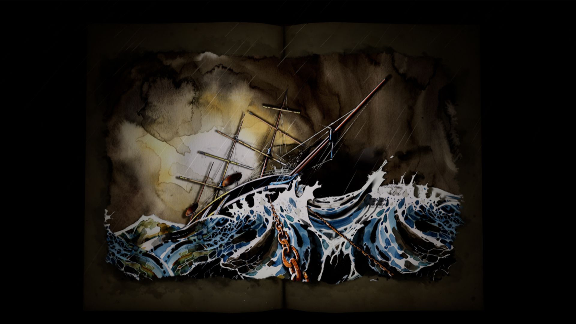 An artwork showing a tall ship in a rough sea with a black background