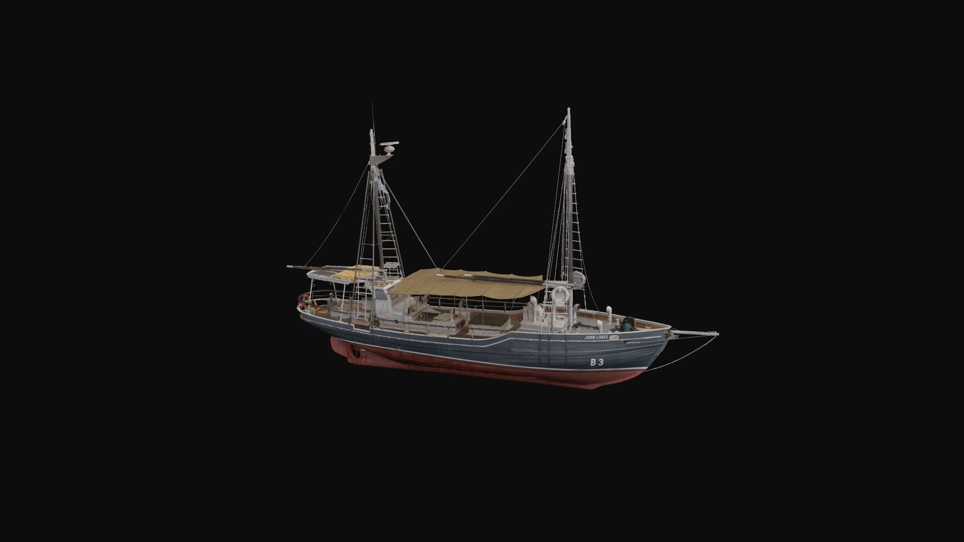 Image of a 3D model of a boat with 2 masts and a blue and red hull on a black background.
