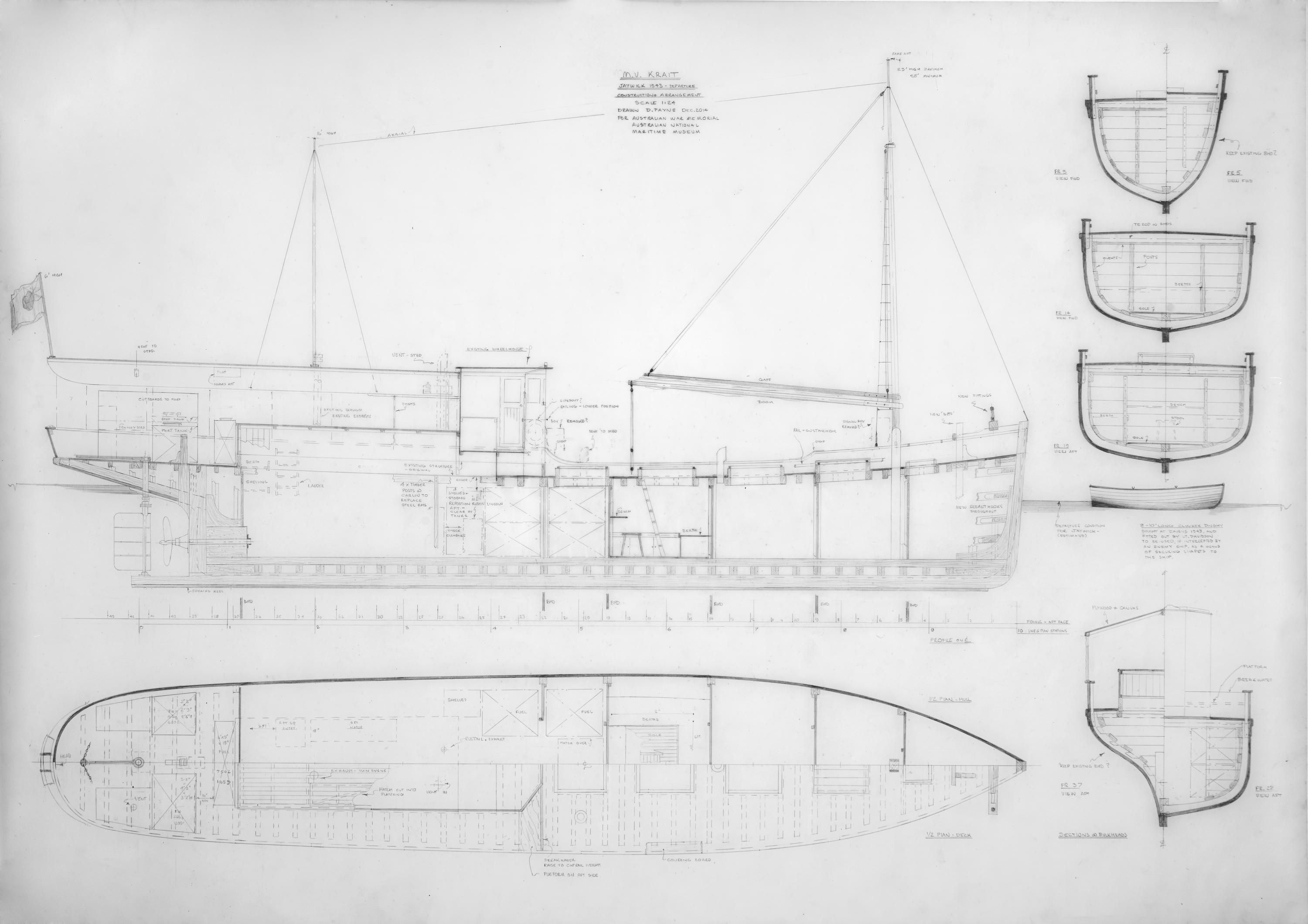 Technical drawing showing multiple views of a boat