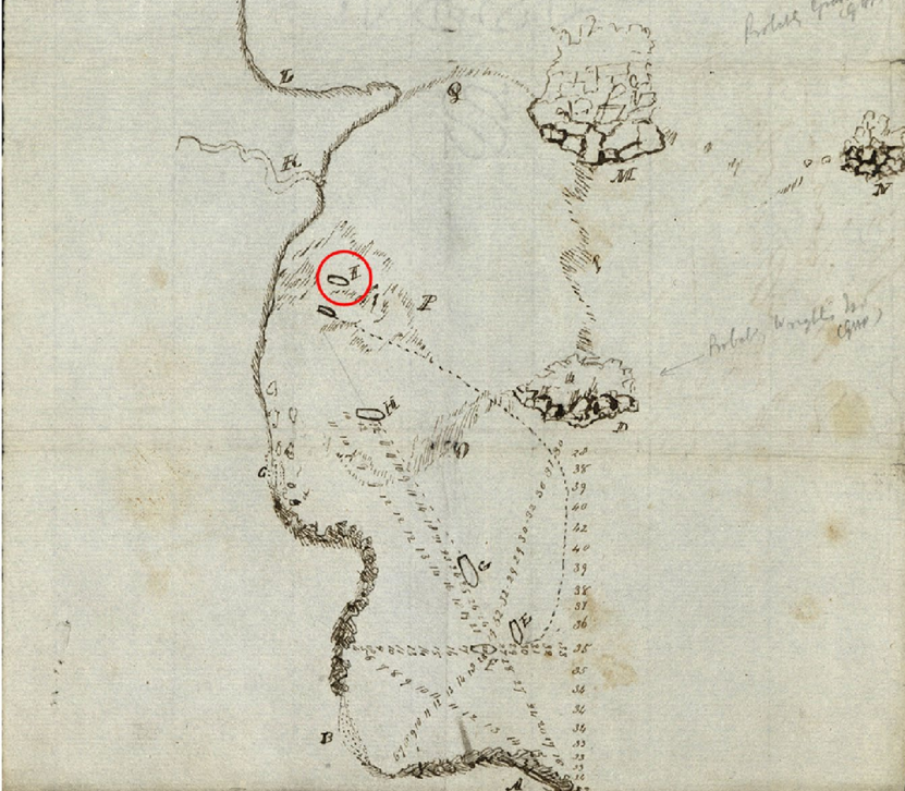A hand-drawn map of a coastline showing the location of the South Australian’s wreck site