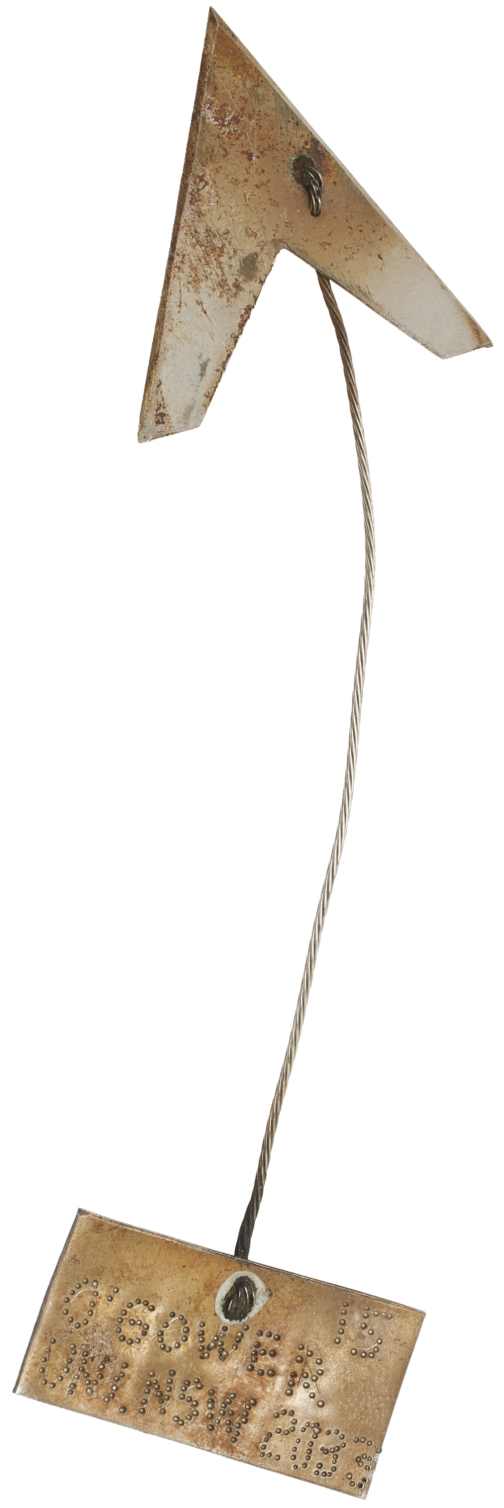 Photo of a metal tag, with a sharp arrow head, flexible wide and rectangular tag on the end.