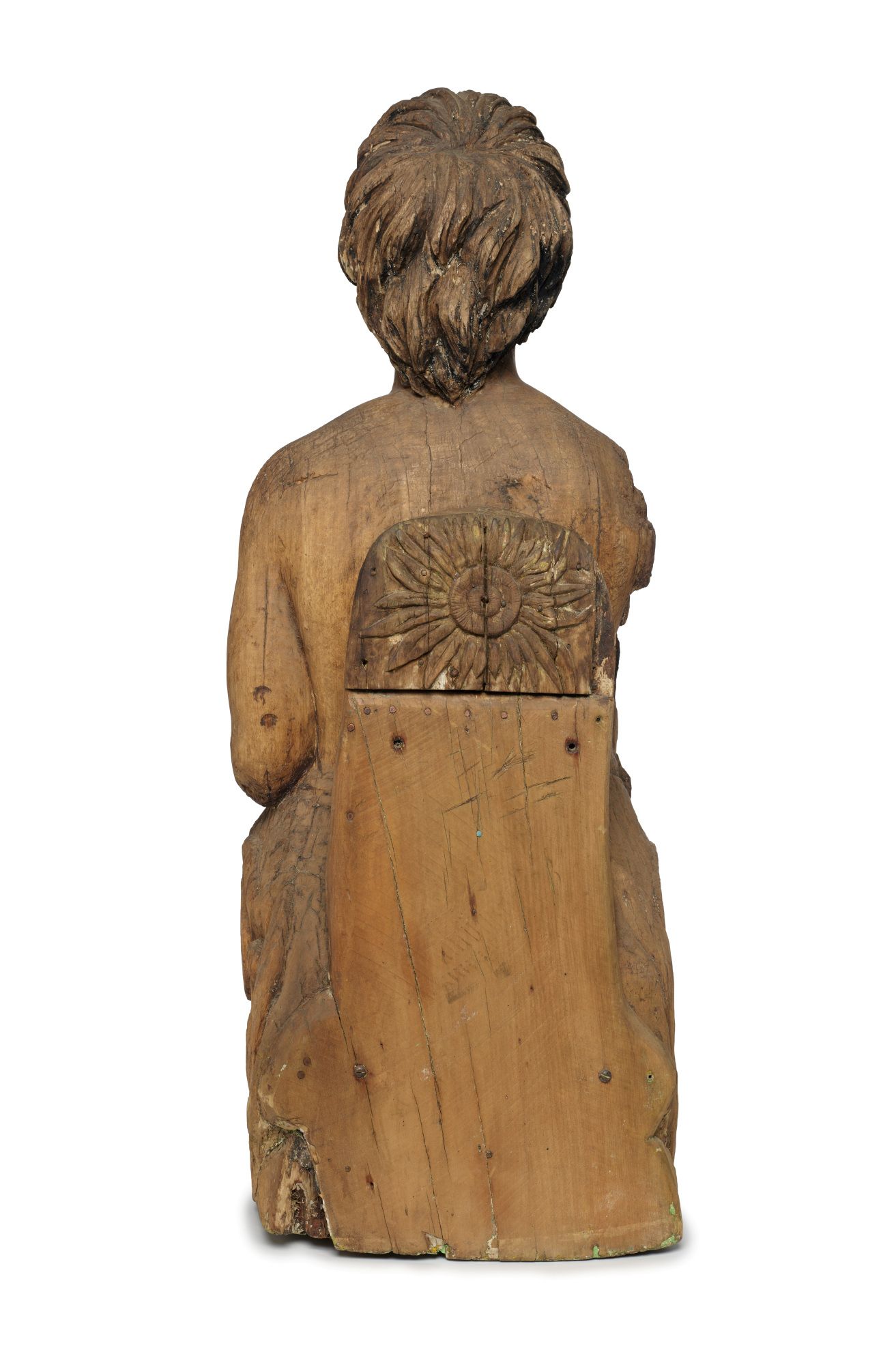 Figurehead representing a First Nations woman with native Australian floral motifs and reliefs of an emu and a kangaroo at its base.