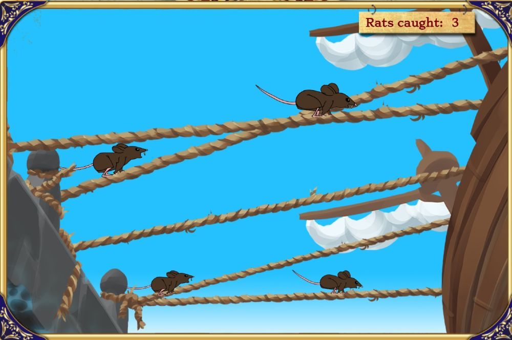 Screenshot from a video game depicting rats running across ropes between a dock and a ship. 