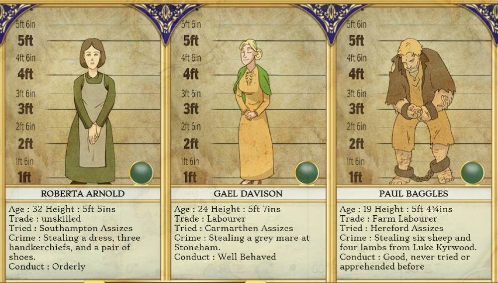 Screenshot from a computer game showing 3 convicts with illustrations, names and short biography.