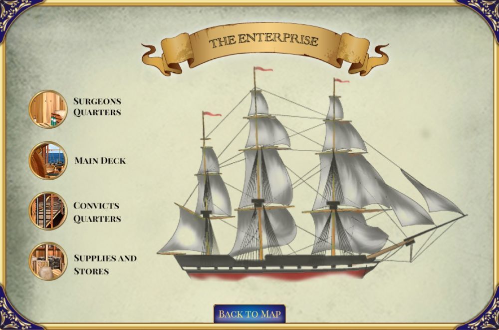 Screenshot from a computer game featuring an illustration of a tall ship with the title, The Enterprise. 
